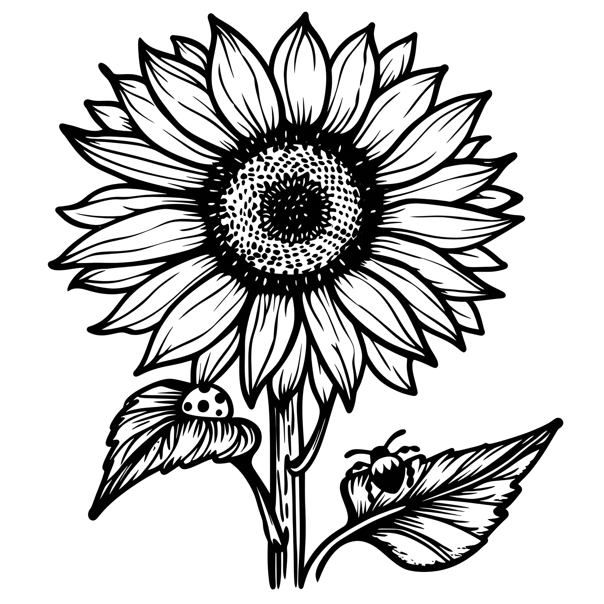 Sunflower with intricate petals and details Drawing Idea (free black-and-white line drawing printable PDF for all, from beginners to advanced learners, including children, teens, adults, and seniors)