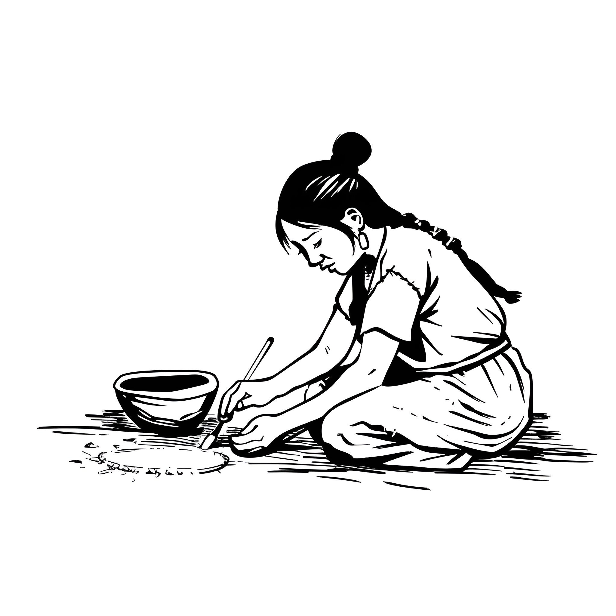 Native American woman preparing a meal Drawing Idea (free black-and-white line drawing printable PDF for all, from beginners to advanced learners, including children, teens, adults, and seniors)