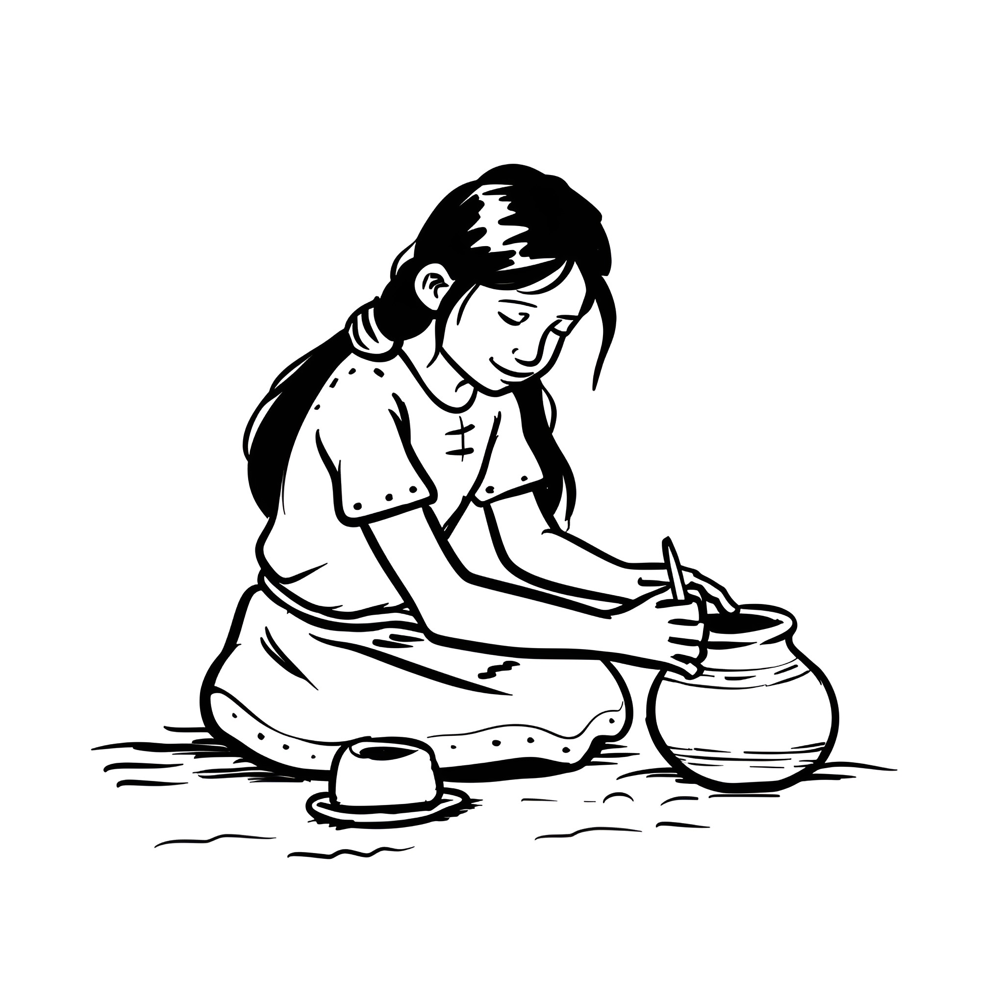 Native American woman cooking traditional meal Drawing Idea (free black-and-white line drawing printable PDF for all, from beginners to advanced learners, including children, teens, adults, and seniors)