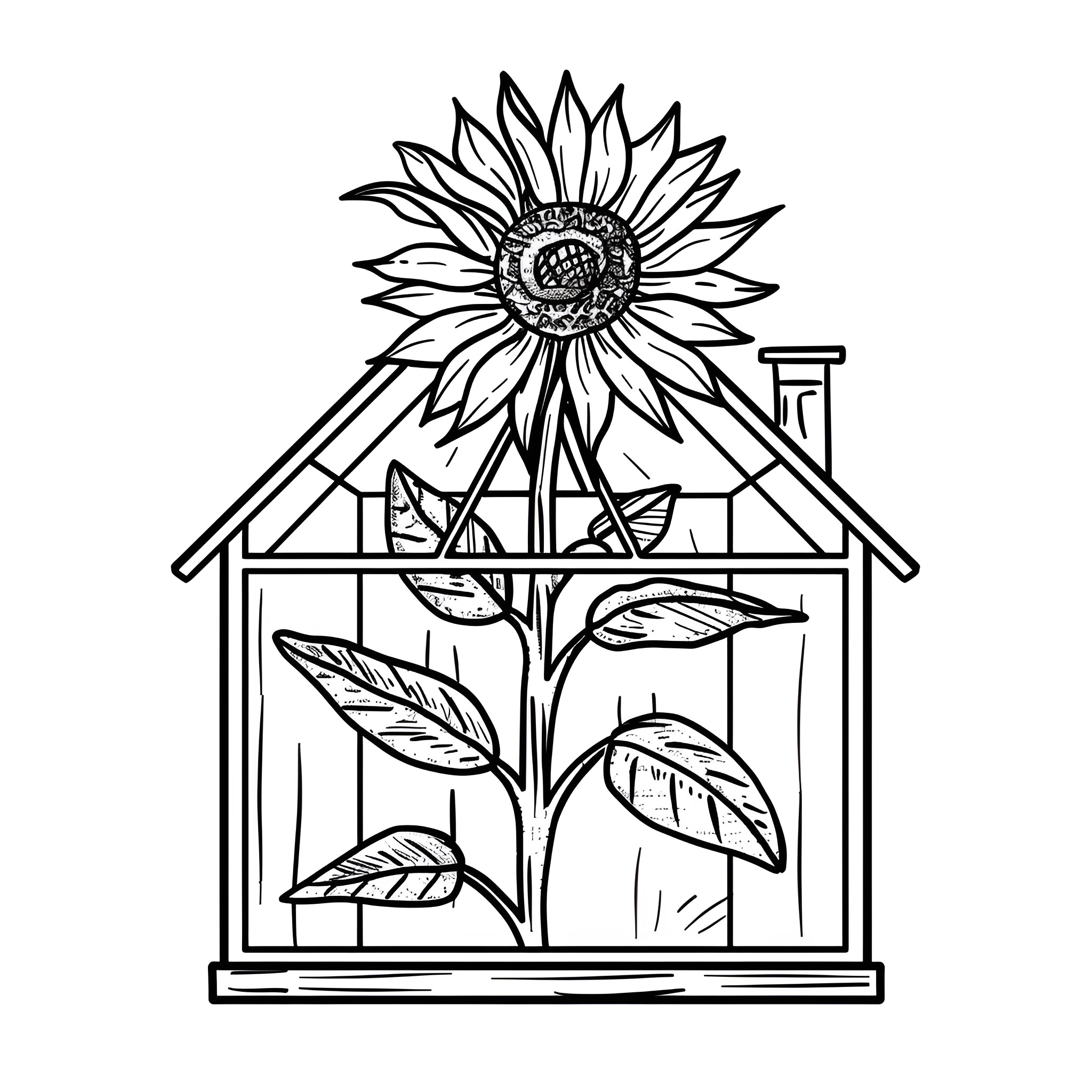 Sunflower in greenhouse frame Drawing Idea (free black-and-white line drawing printable PDF for all, from beginners to advanced learners, including children, teens, adults, and seniors)