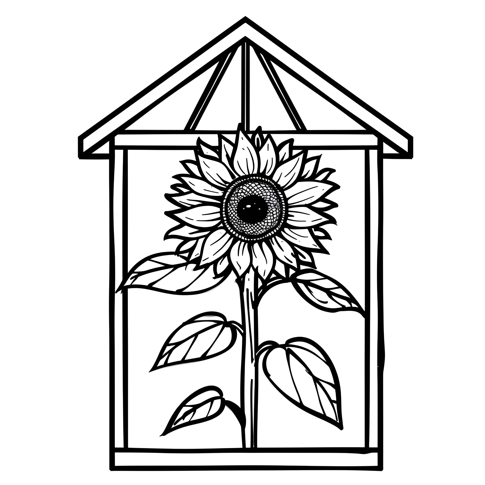Sunflower blooming in greenhouse Drawing Idea (free black-and-white line drawing printable PDF for all, from beginners to advanced learners, including children, teens, adults, and seniors)