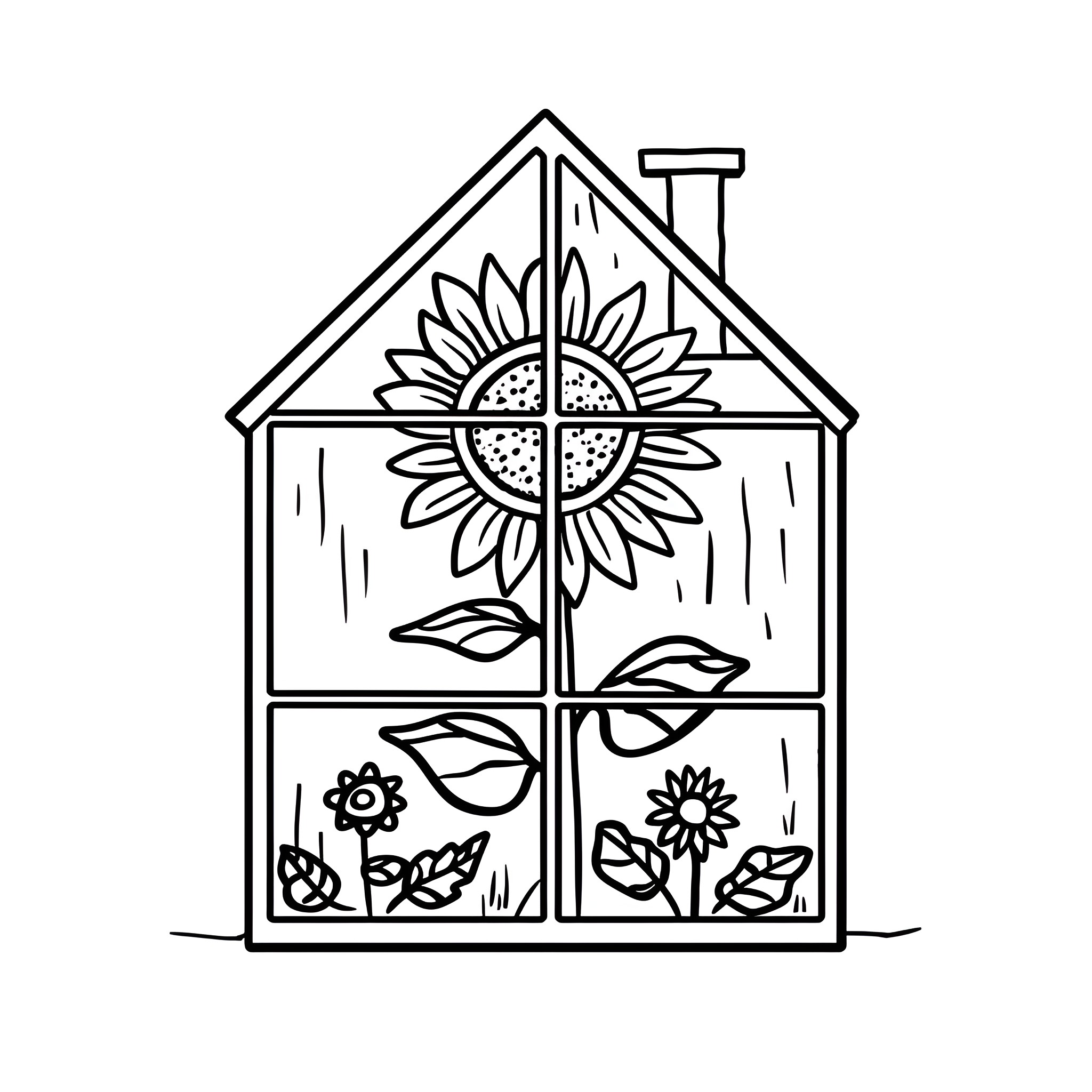 Sunflower house with floral decor Drawing Idea (free black-and-white line drawing printable PDF for all, from beginners to advanced learners, including children, teens, adults, and seniors)