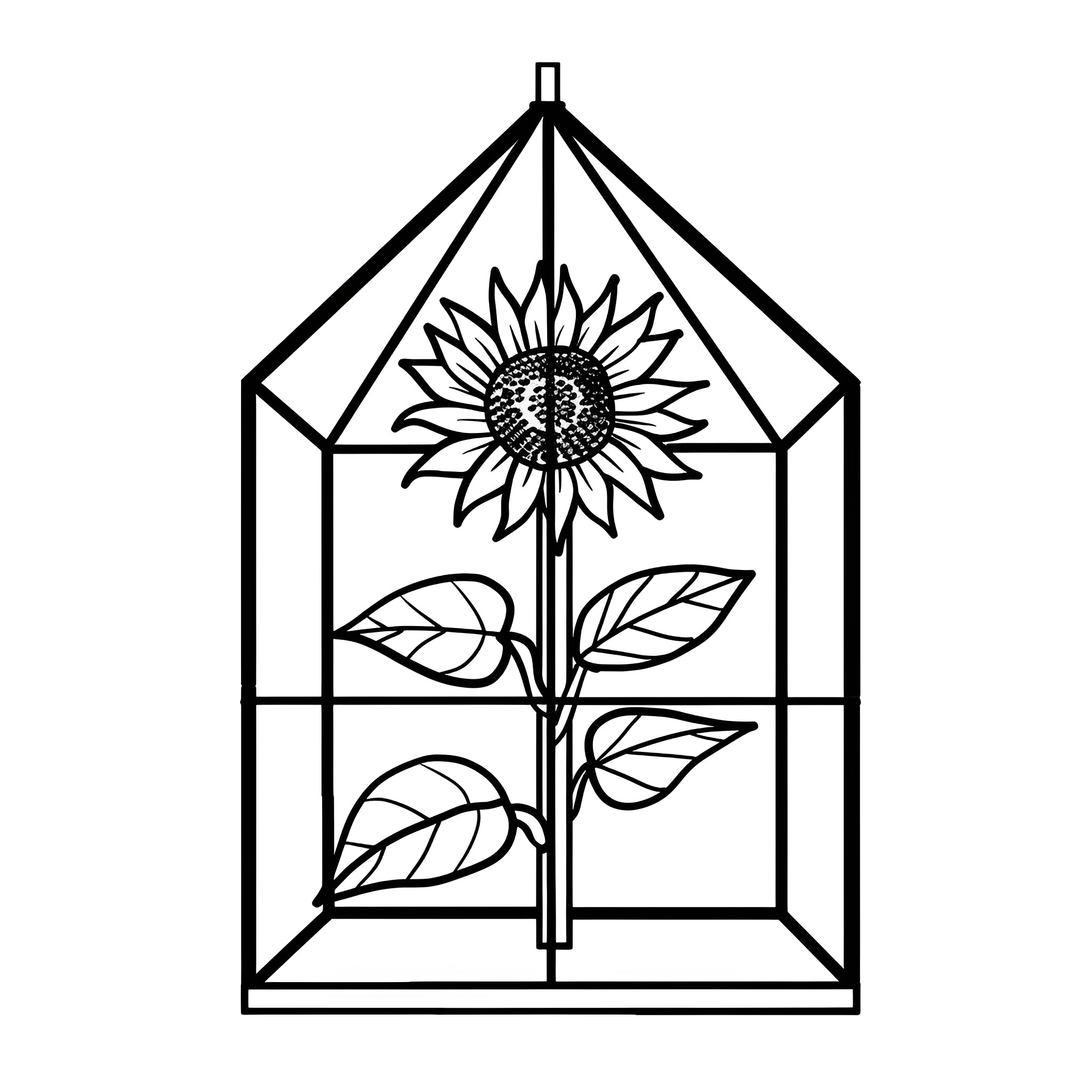 Sunflower flourishing within greenhouse Drawing Idea (free black-and-white line drawing printable PDF for all, from beginners to advanced learners, including children, teens, adults, and seniors)
