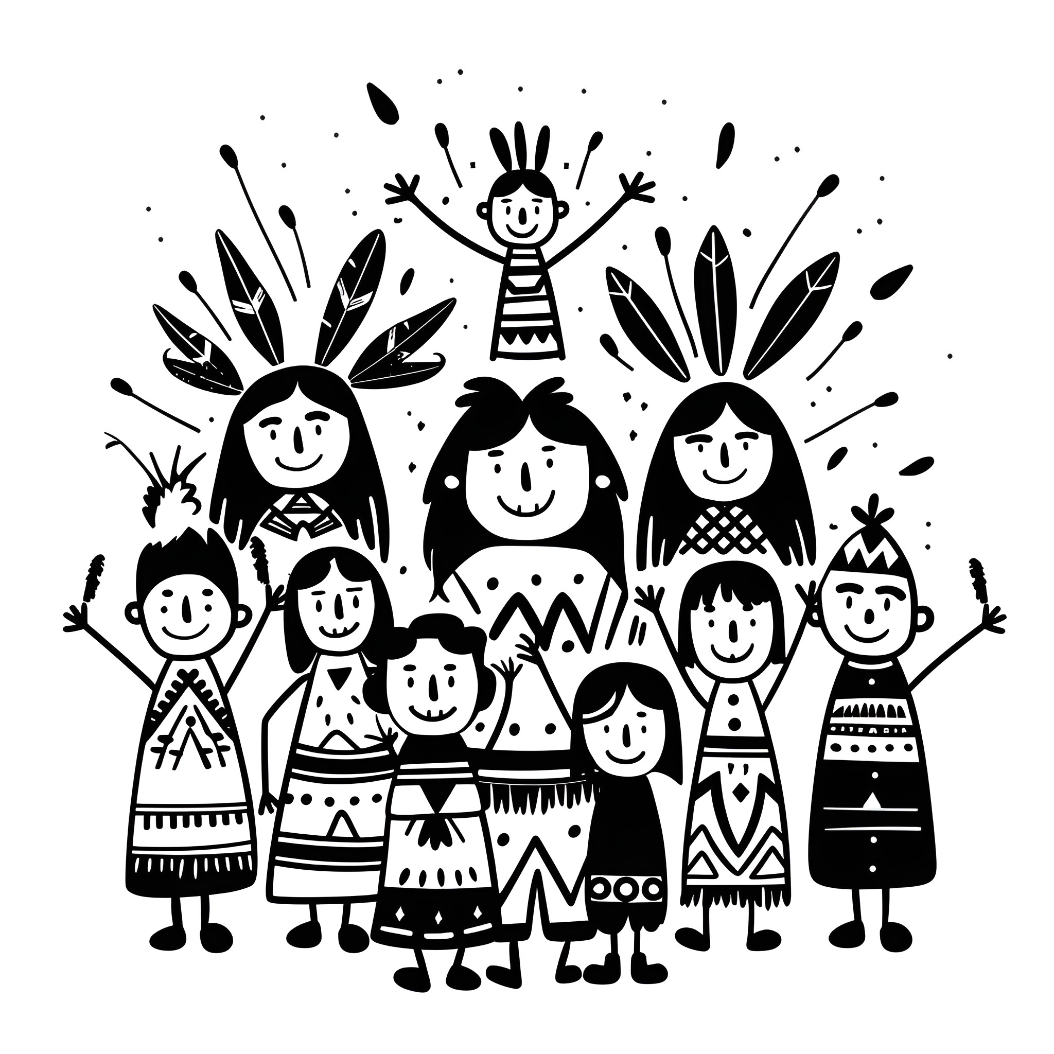 Native American Tribal Family Celebration Drawing Idea (free black-and-white line drawing printable PDF for all, from beginners to advanced learners, including children, teens, adults, and seniors)