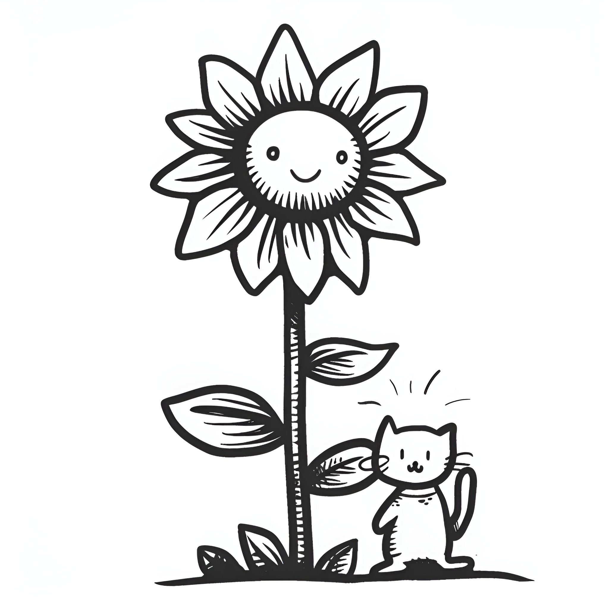Sunflower and a happy kitten Drawing Idea (free black-and-white line drawing printable PDF for all, from beginners to advanced learners, including children, teens, adults, and seniors)
