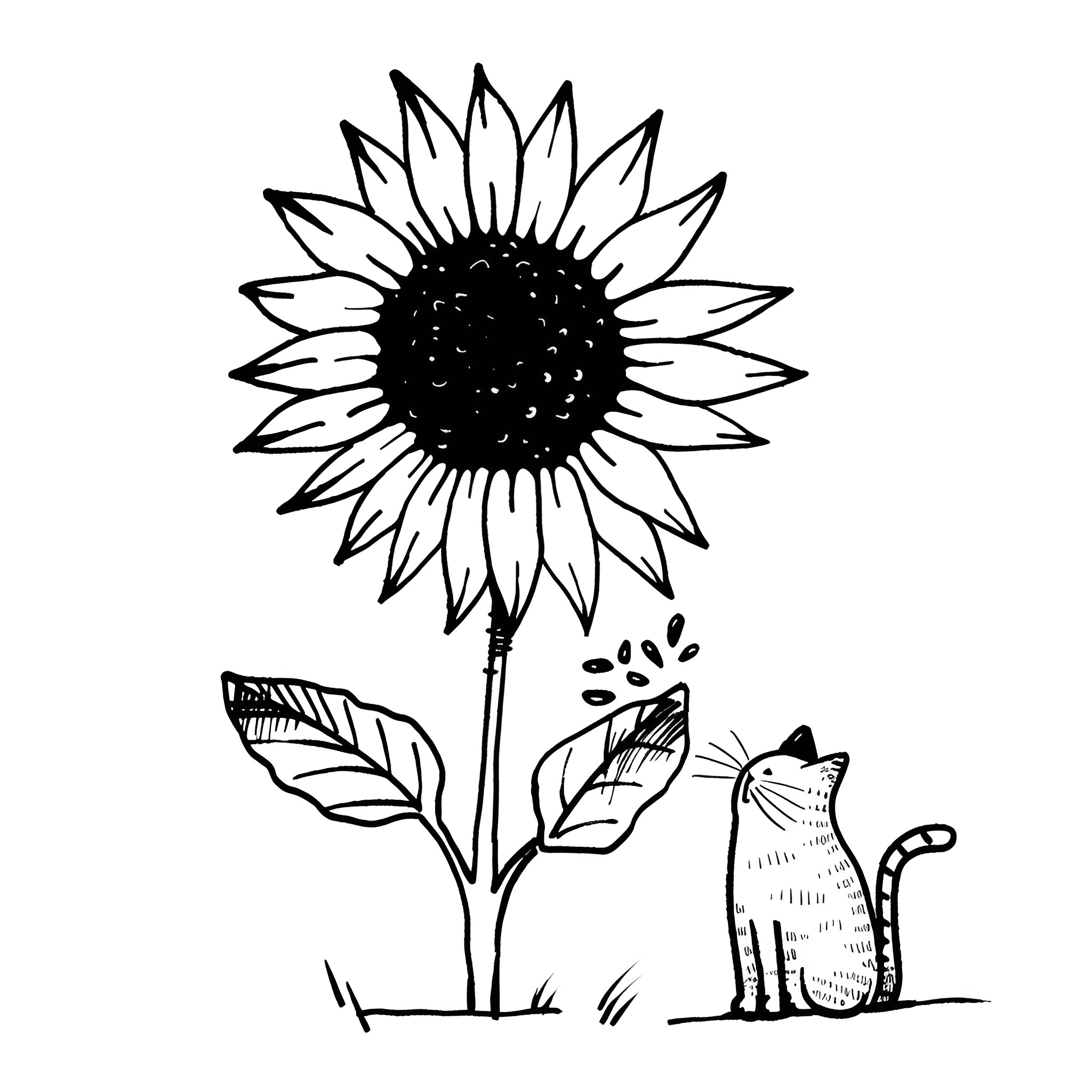 Sunflower and Curious Cat Drawing Idea (free black-and-white line drawing printable PDF for all, from beginners to advanced learners, including children, teens, adults, and seniors)