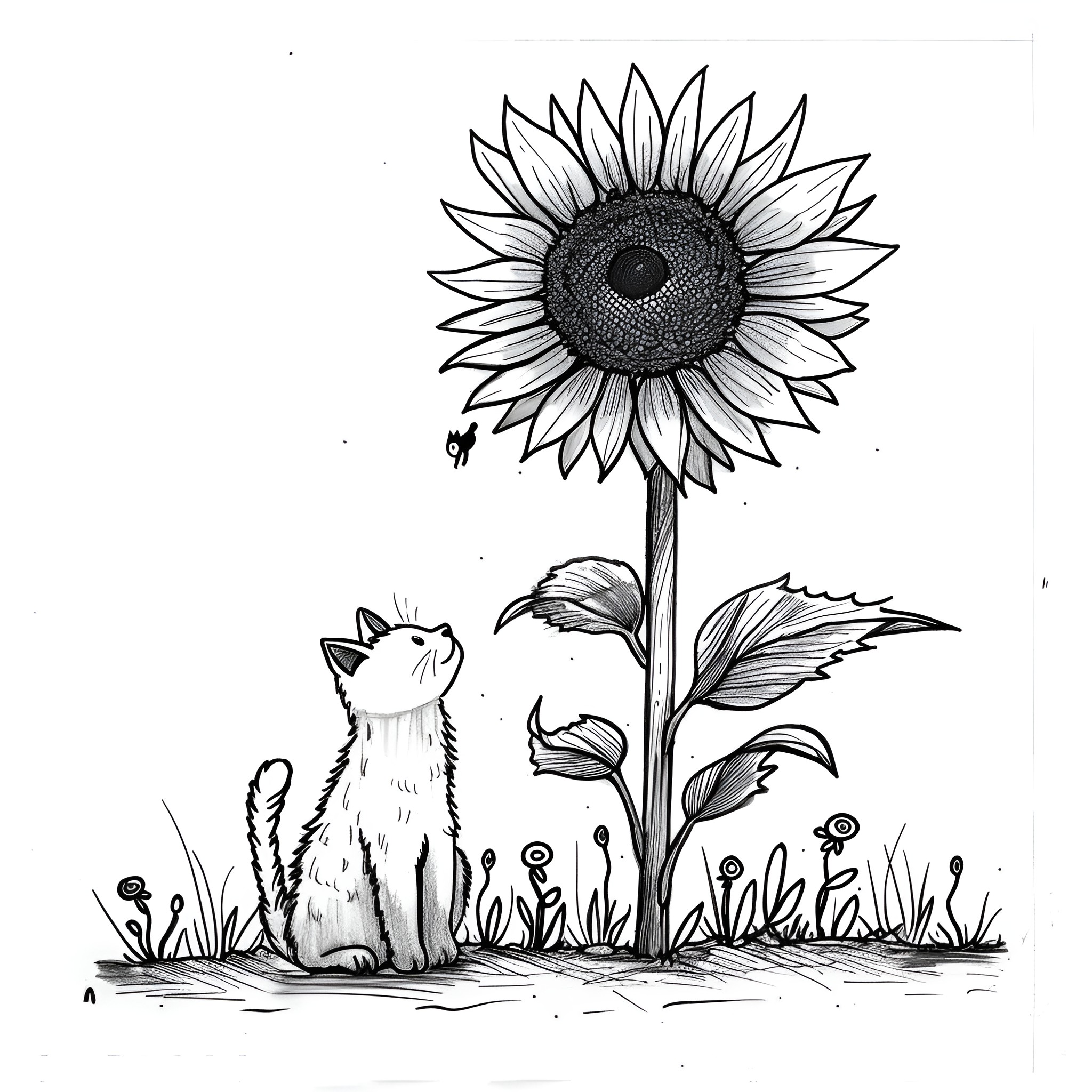 Sunflower and curious cat Drawing Idea (free black-and-white line drawing printable PDF for all, from beginners to advanced learners, including children, teens, adults, and seniors)