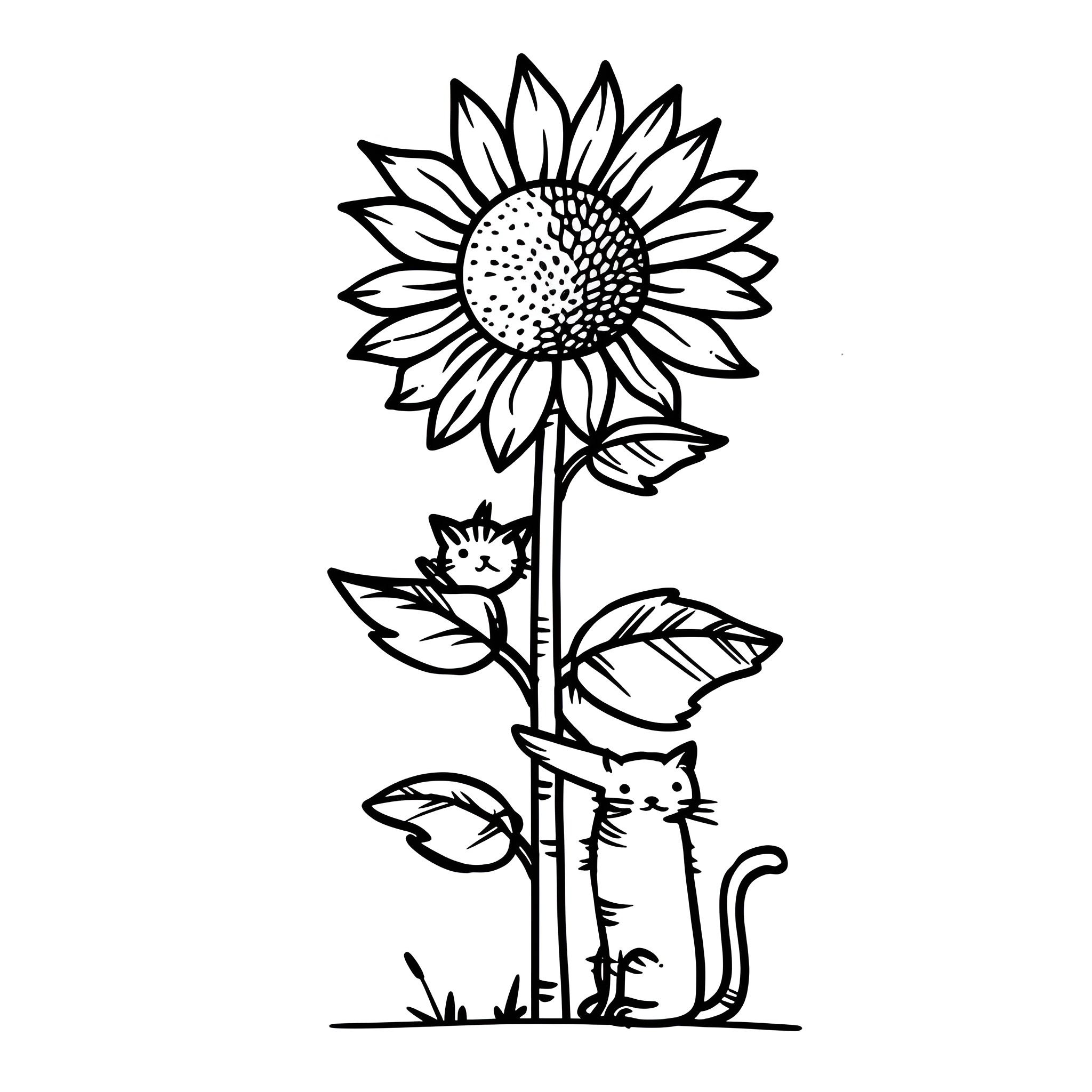 Sunflower with Playful Cats Drawing Idea (free black-and-white line drawing printable PDF for all, from beginners to advanced learners, including children, teens, adults, and seniors)