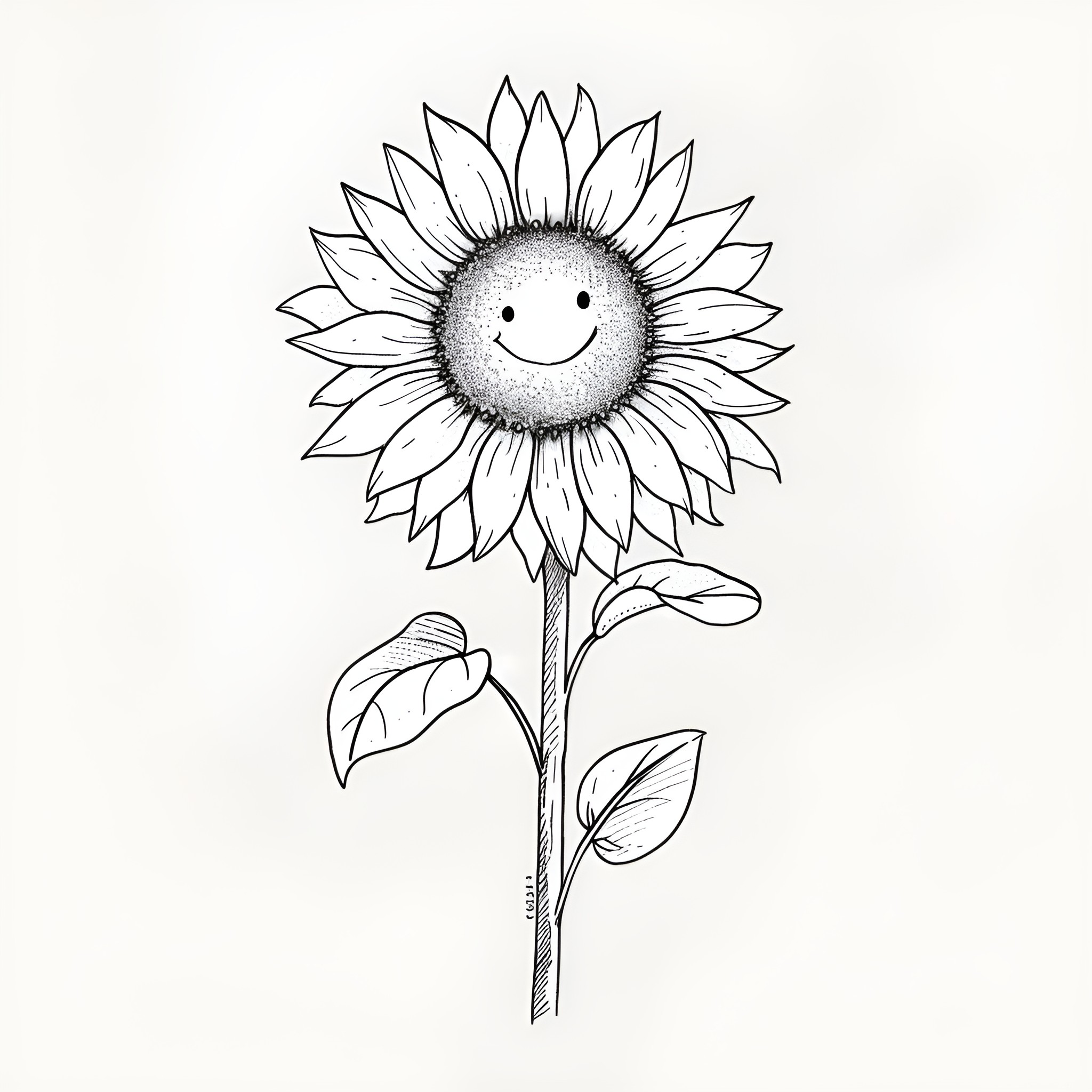 Sunflower with a smiling face Drawing Idea (free black-and-white line drawing printable PDF for all, from beginners to advanced learners, including children, teens, adults, and seniors)