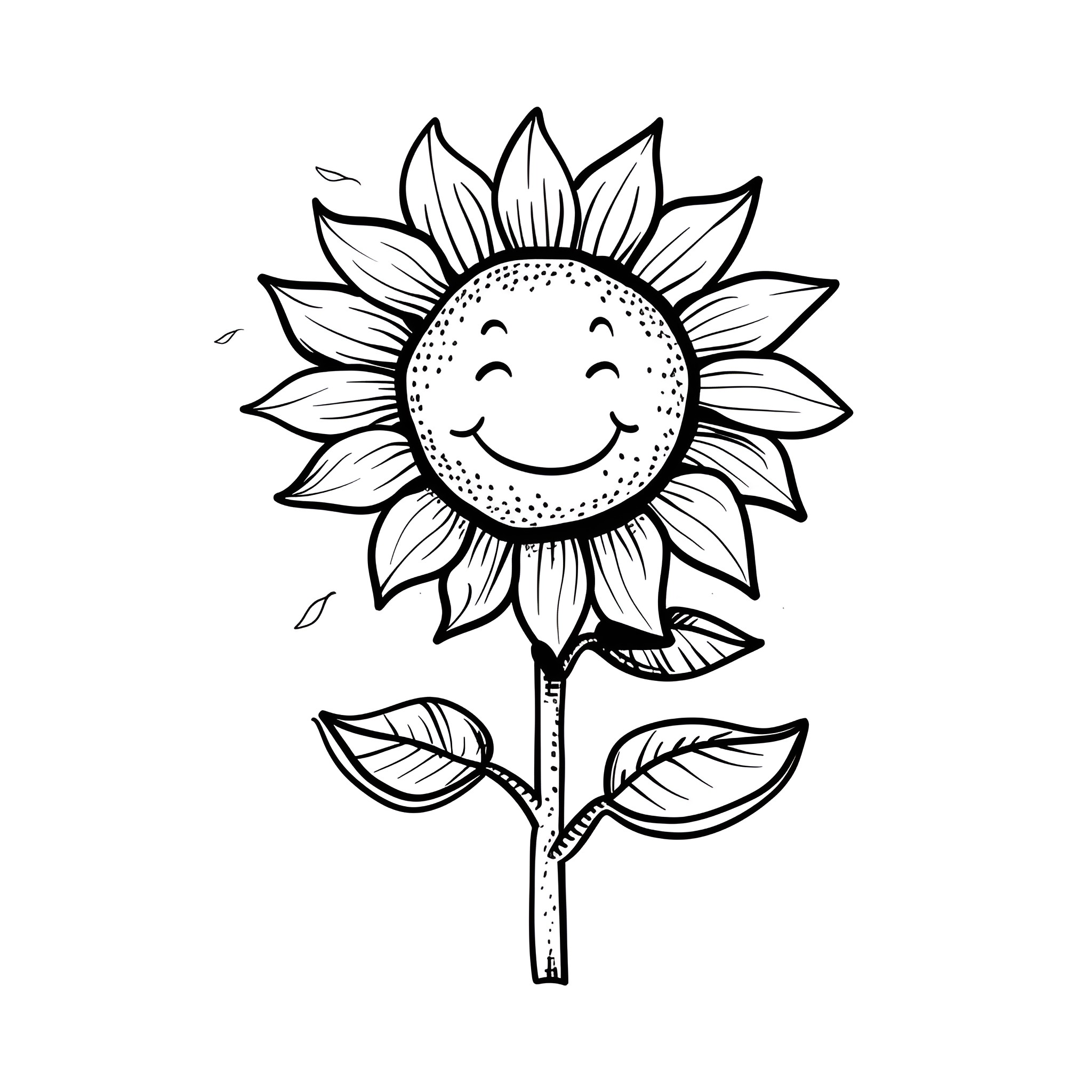 Sunflower with a Cheerful Expression Drawing Idea (free black-and-white line drawing printable PDF for all, from beginners to advanced learners, including children, teens, adults, and seniors)