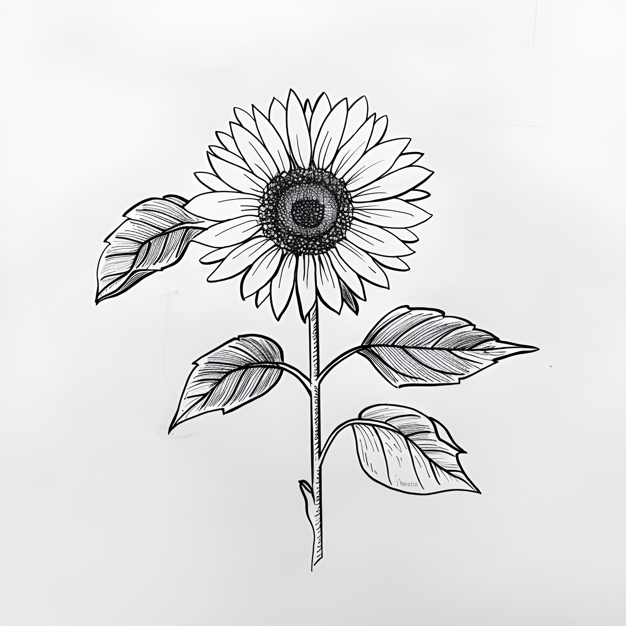 Sunflower with detailed leaves Drawing Idea (free black-and-white line drawing printable PDF for all, from beginners to advanced learners, including children, teens, adults, and seniors)