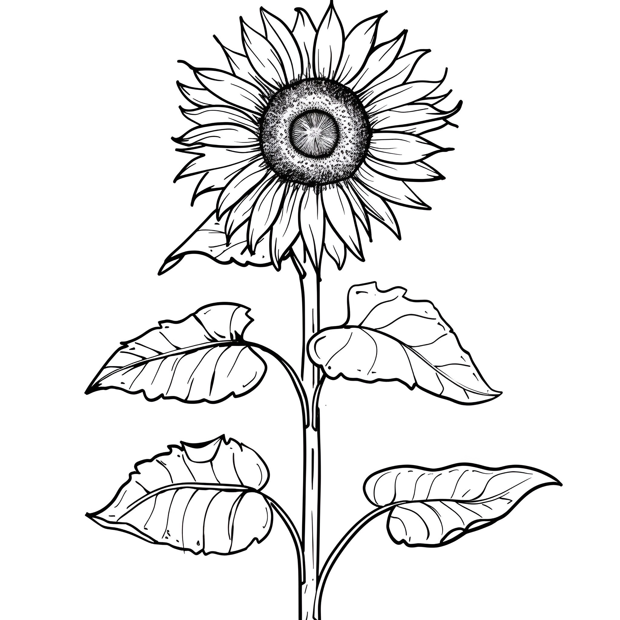 Sunflower in detailed botanical illustration Drawing Idea (free black-and-white line drawing printable PDF for all, from beginners to advanced learners, including children, teens, adults, and seniors)