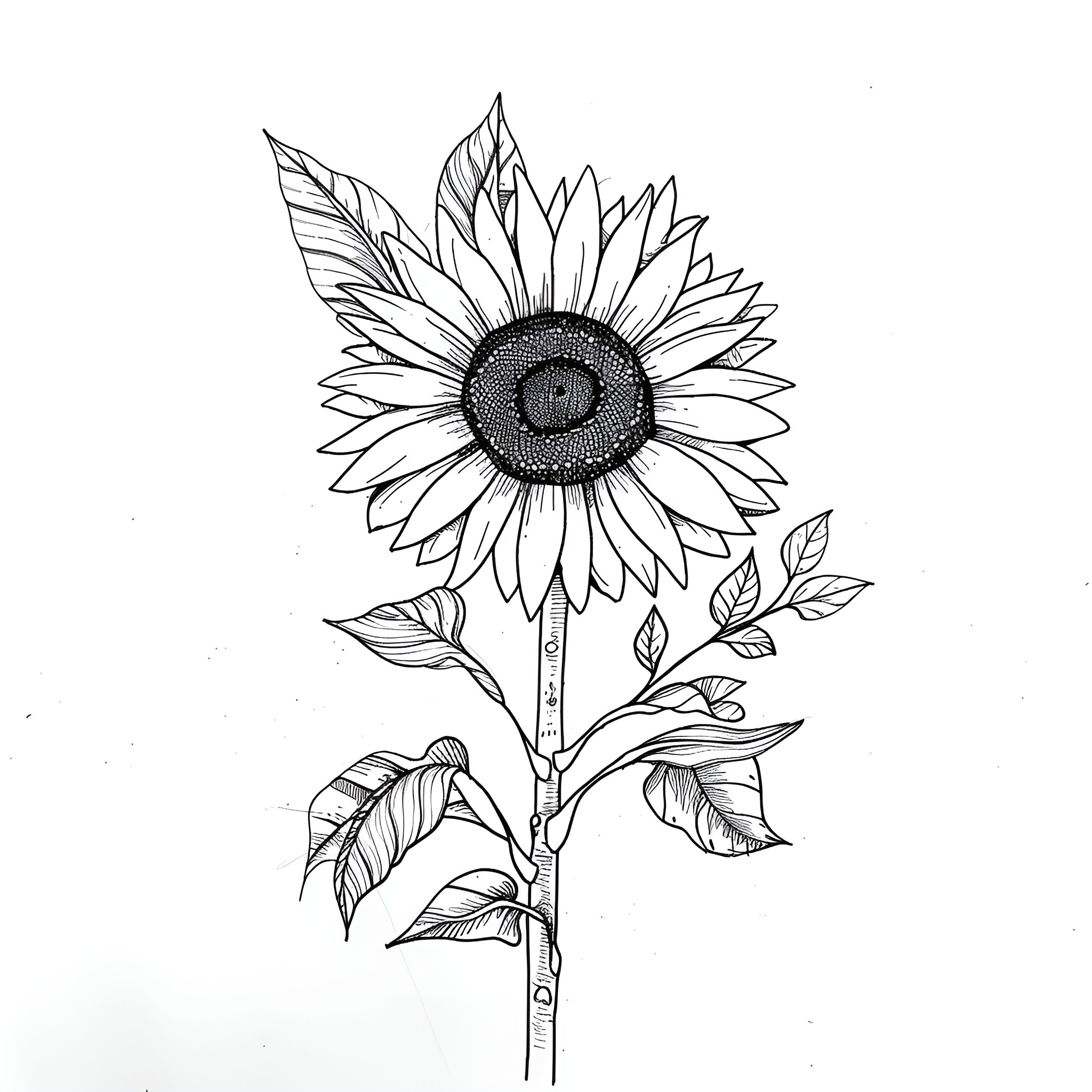 Sunflower blossoming in the garden Drawing Idea (free black-and-white line drawing printable PDF for all, from beginners to advanced learners, including children, teens, adults, and seniors)