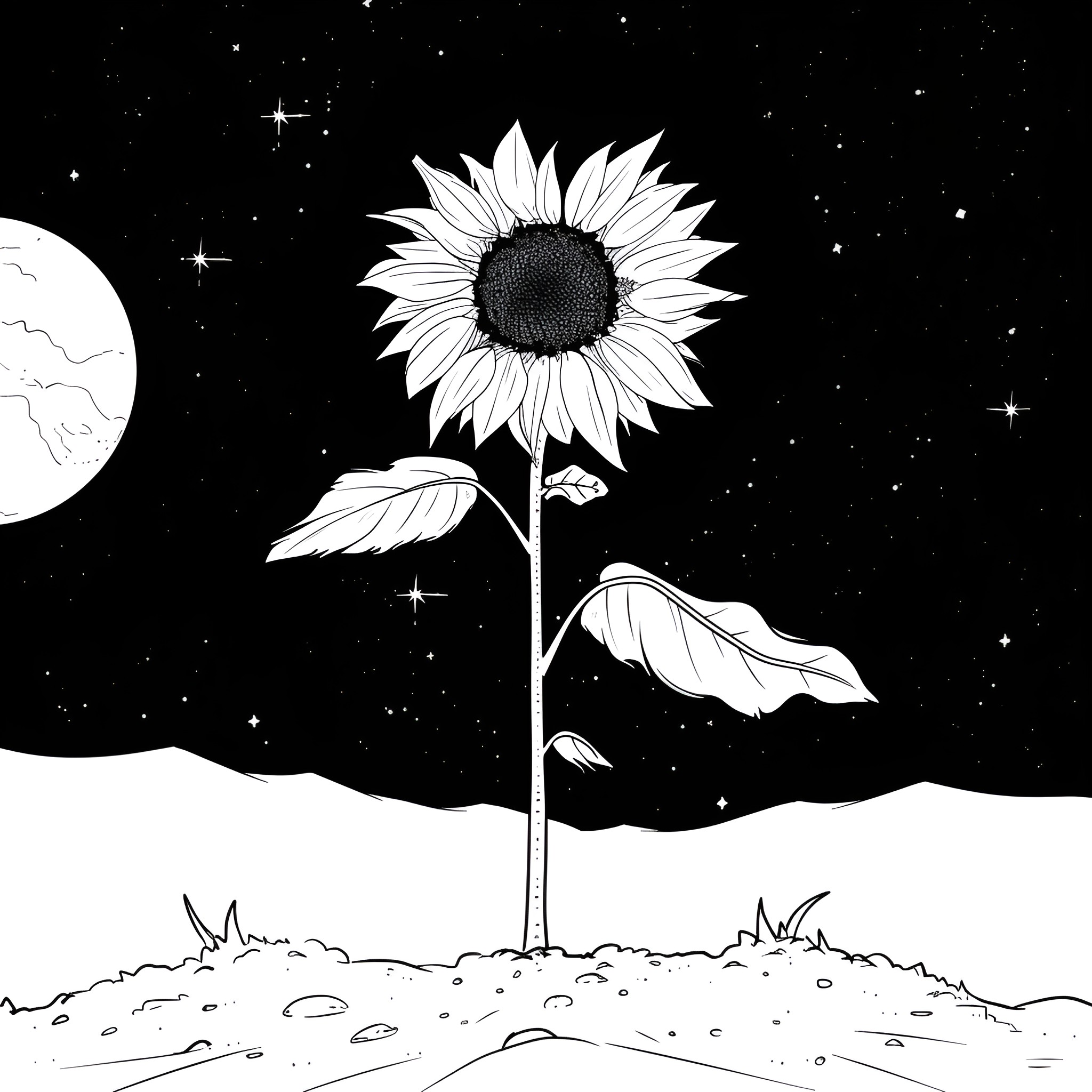 Sunflower in Cosmic Night Drawing Idea (free black-and-white line drawing printable PDF for all, from beginners to advanced learners, including children, teens, adults, and seniors)