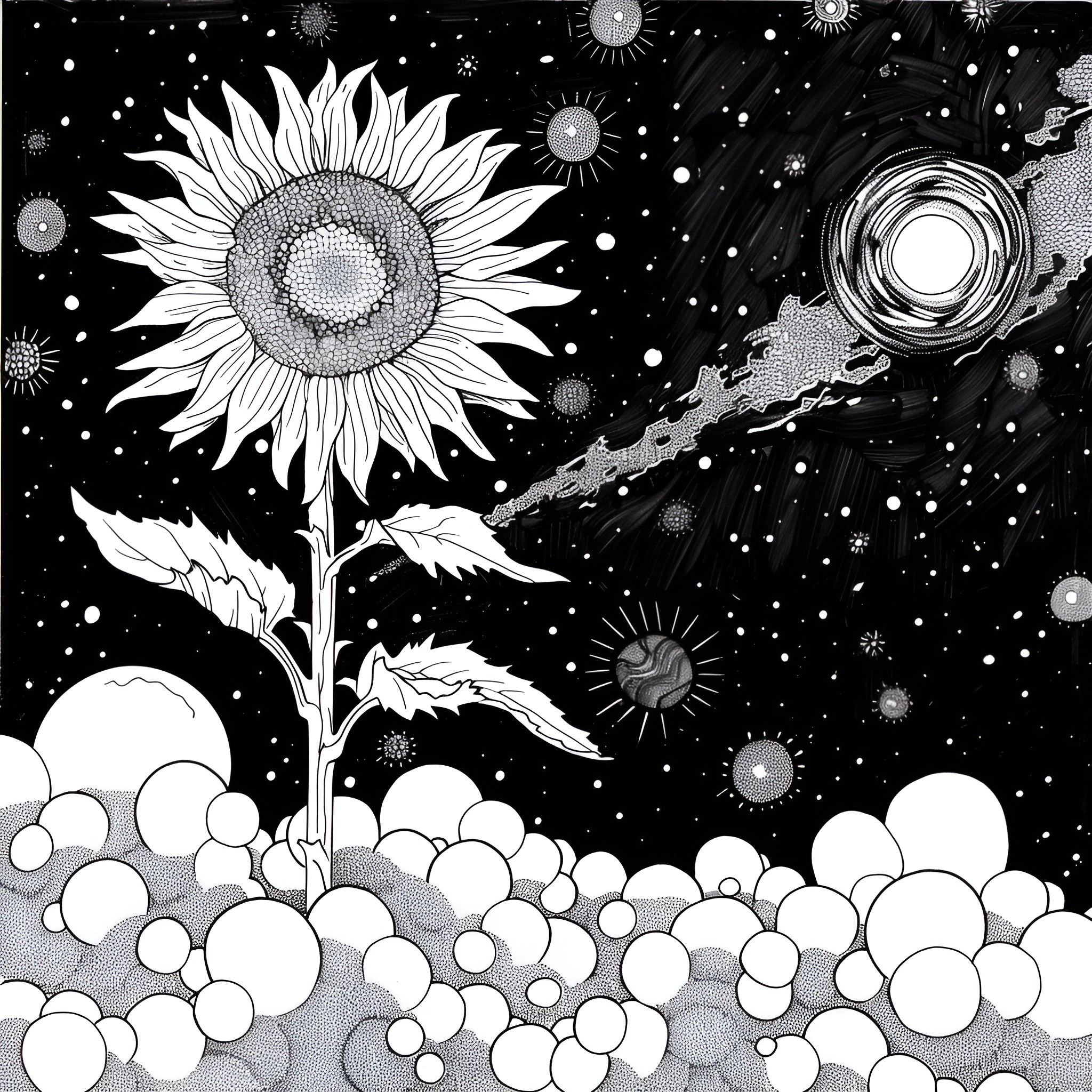 Sunflower in starry night sky Drawing Idea (free black-and-white line drawing printable PDF for all, from beginners to advanced learners, including children, teens, adults, and seniors)