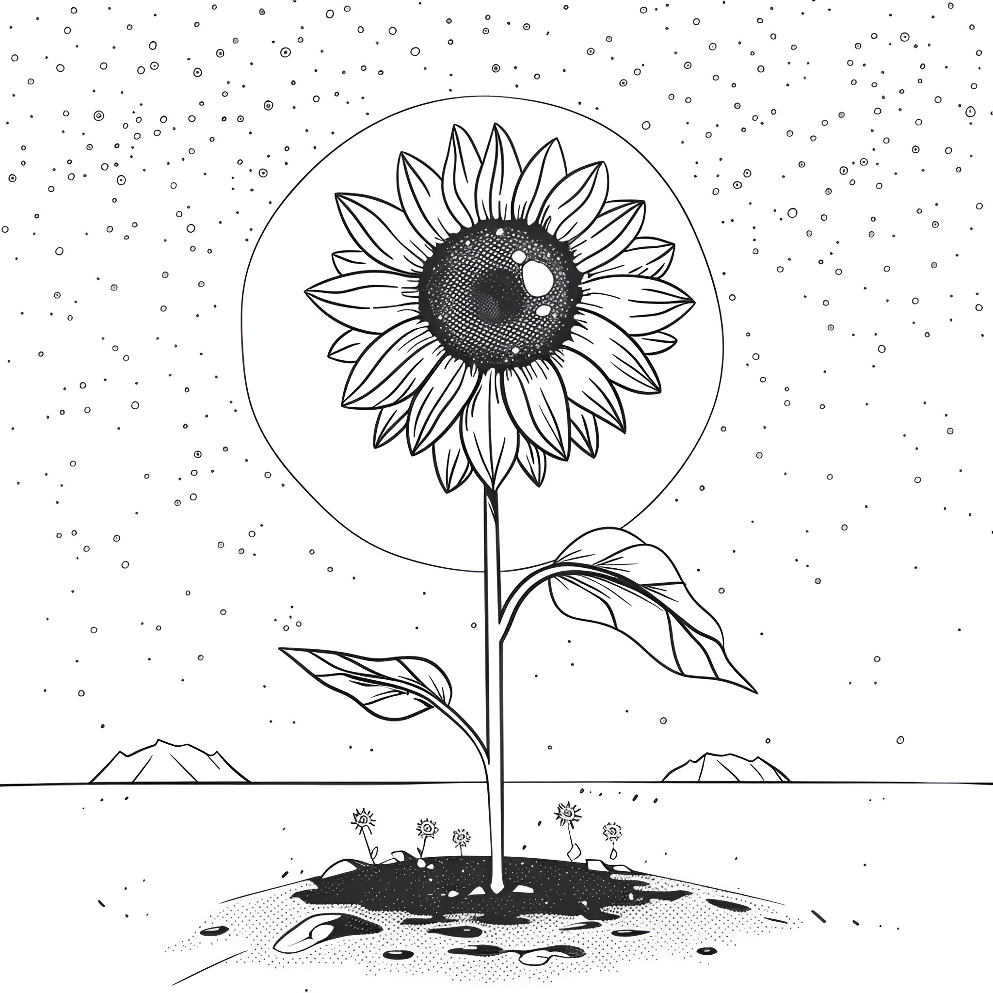 Sunflower blooming under the night sky Drawing Idea (free black-and-white line drawing printable PDF for all, from beginners to advanced learners, including children, teens, adults, and seniors)