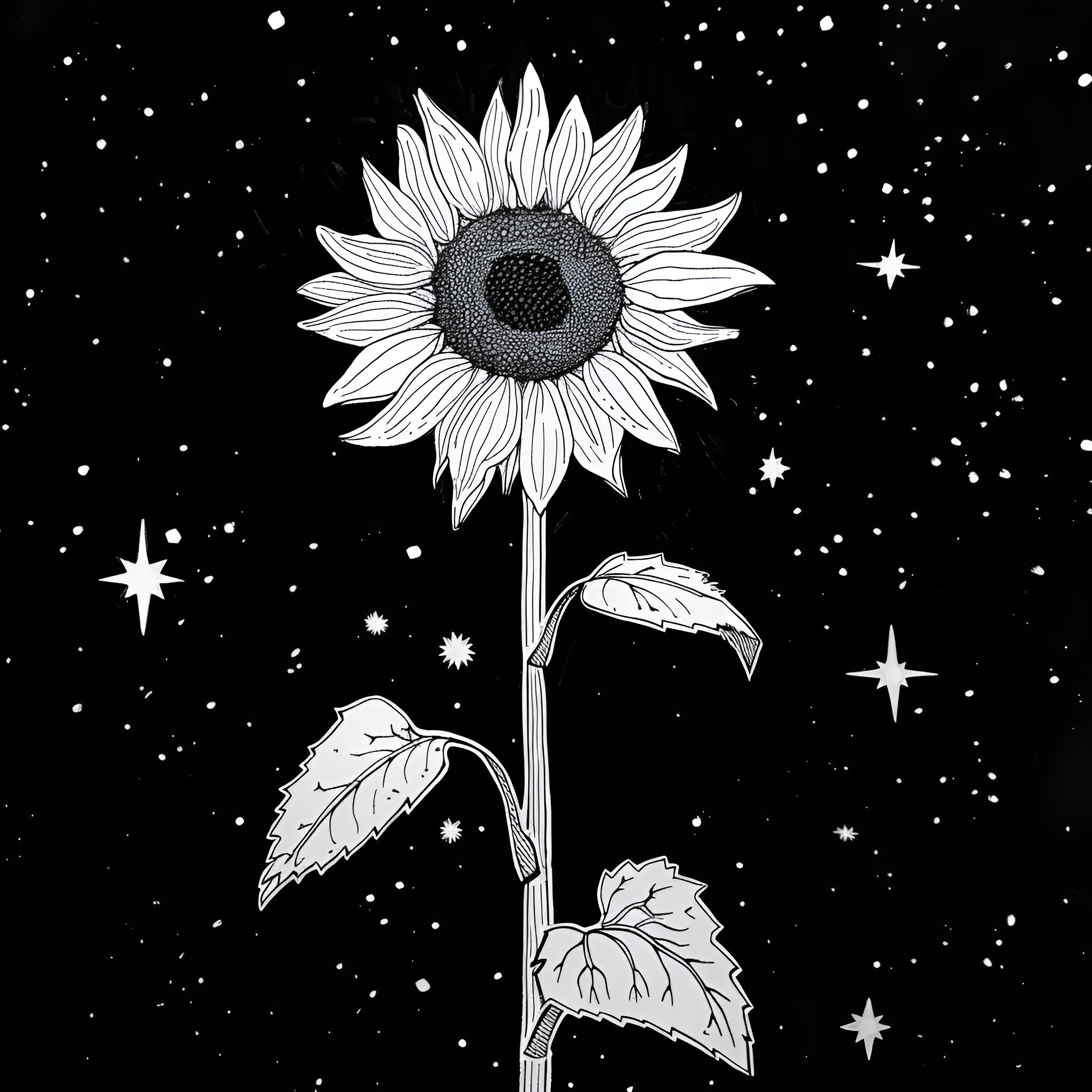 Sunflower blooming under starry night Drawing Idea (free black-and-white line drawing printable PDF for all, from beginners to advanced learners, including children, teens, adults, and seniors)