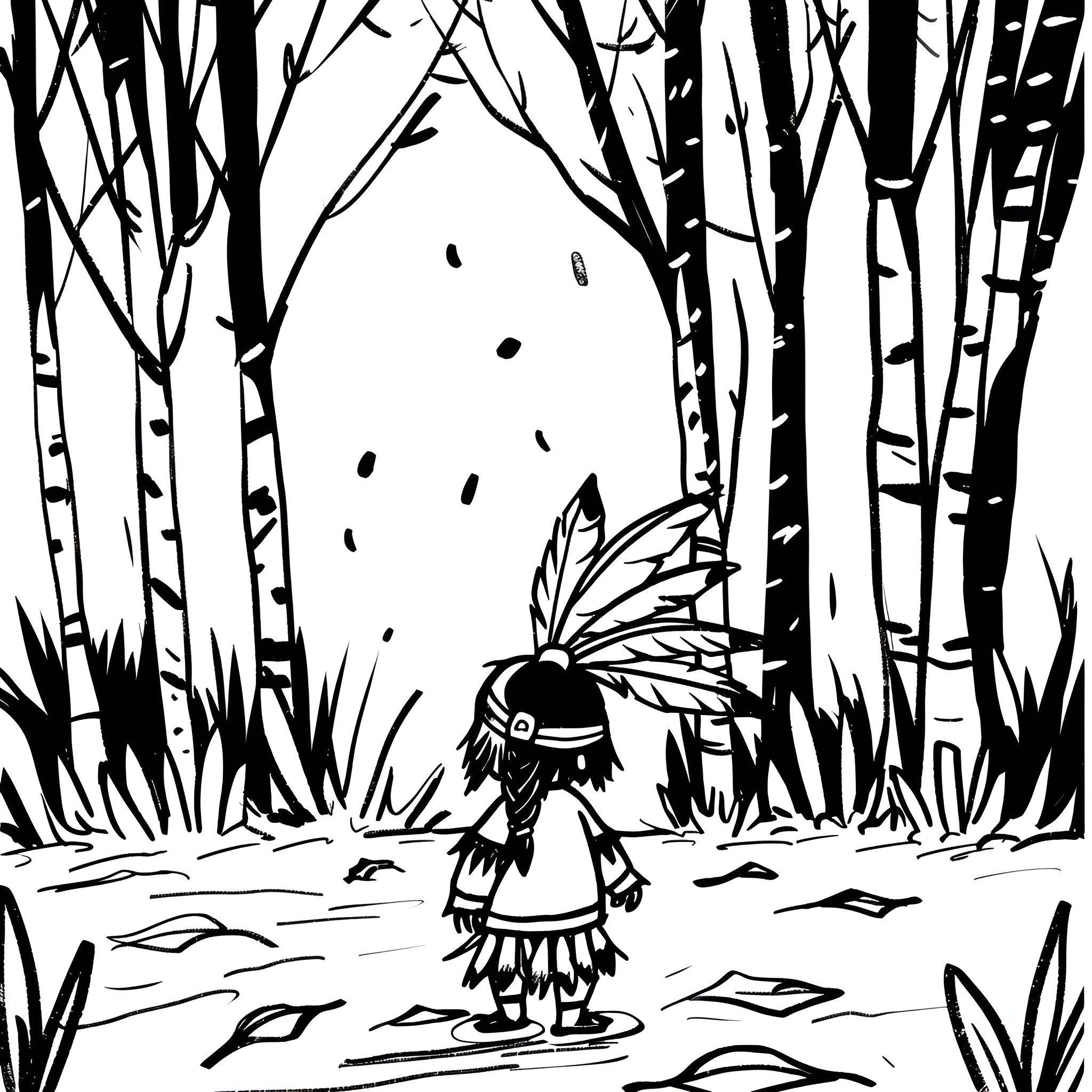 Native American child in forest scene Drawing Idea (free black-and-white line drawing printable PDF for all, from beginners to advanced learners, including children, teens, adults, and seniors)