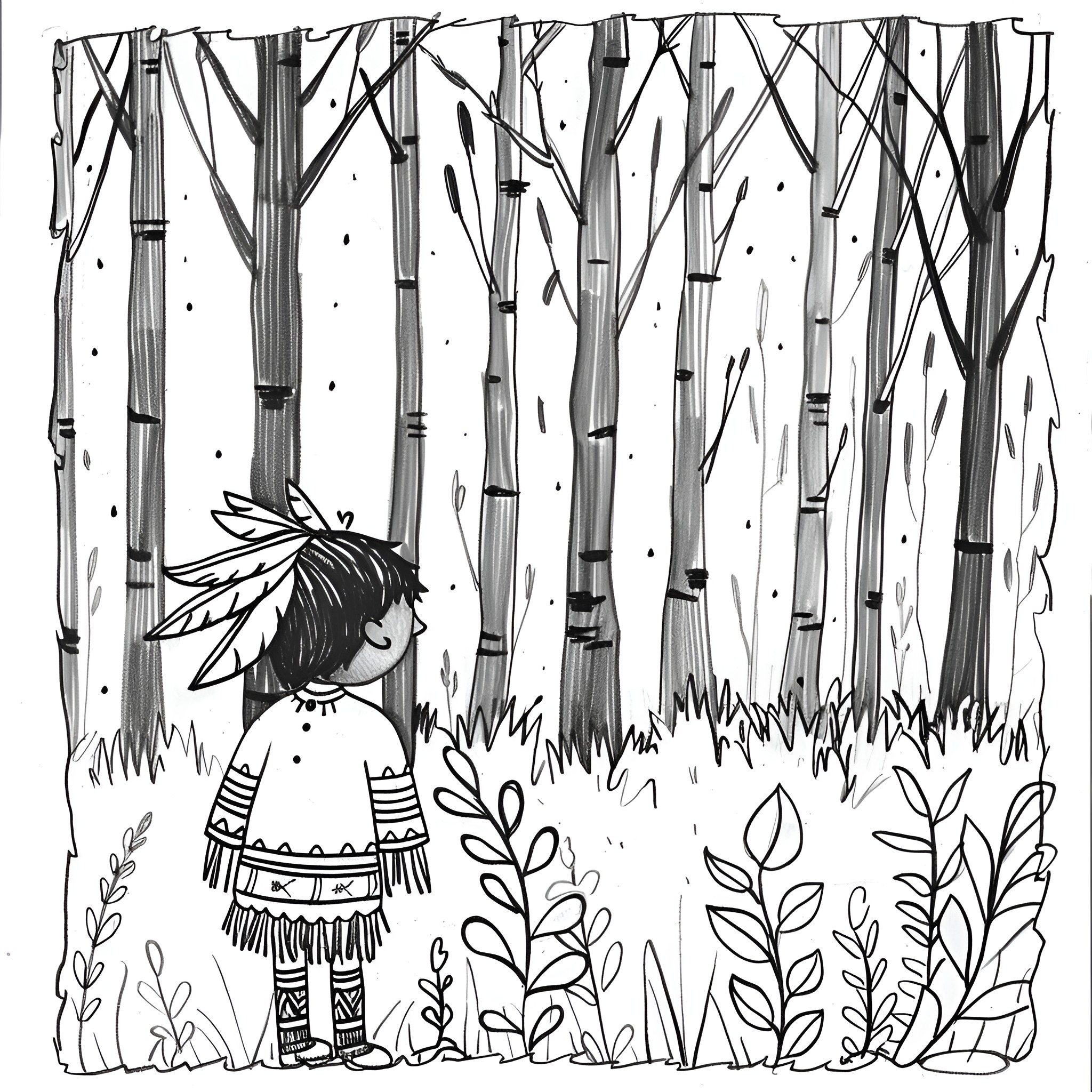 Native American child exploring forest scene Drawing Idea (free black-and-white line drawing printable PDF for all, from beginners to advanced learners, including children, teens, adults, and seniors)