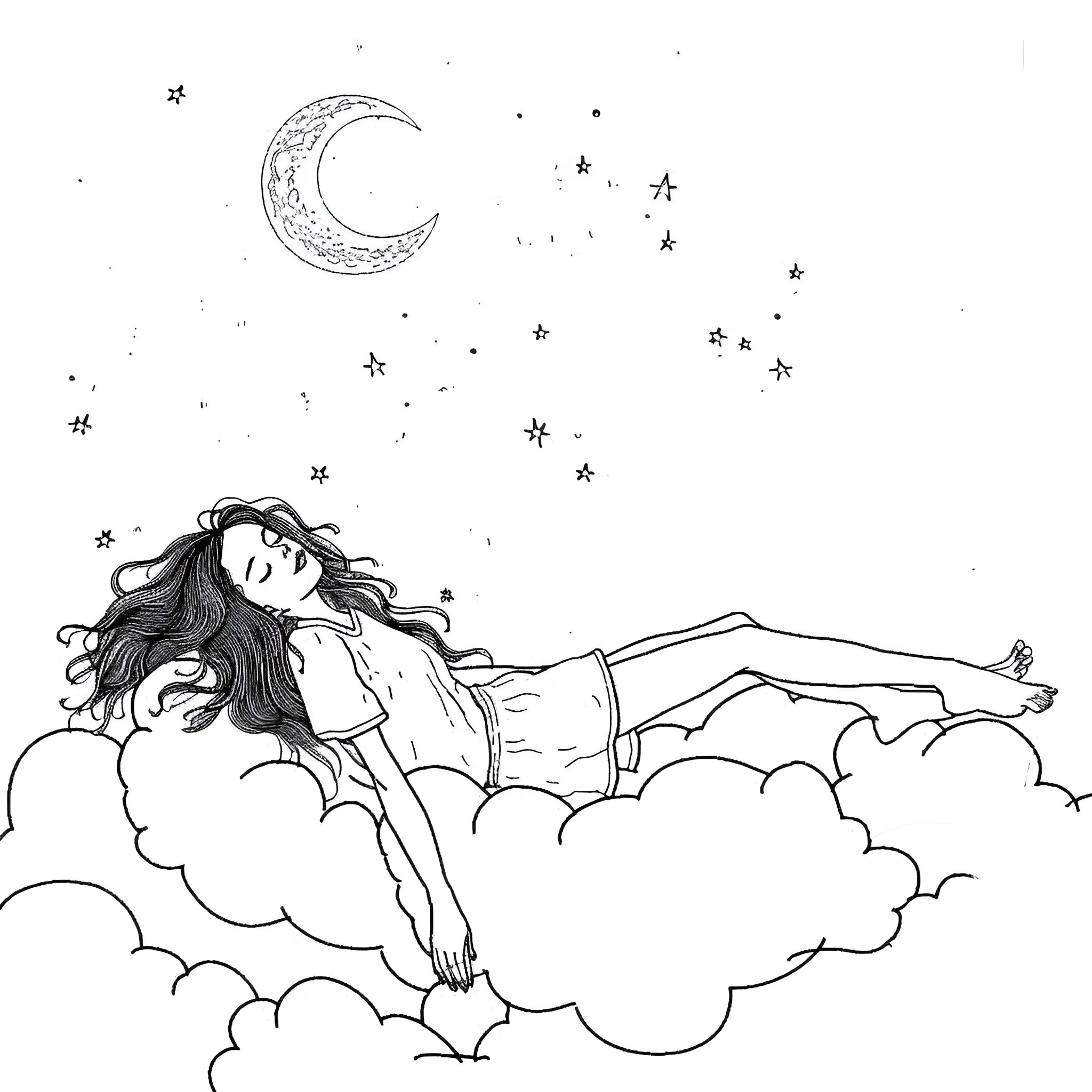 Dream of Starry Night Reverie Drawing Idea (free black-and-white line drawing printable PDF for all, from beginners to advanced learners, including children, teens, adults, and seniors)