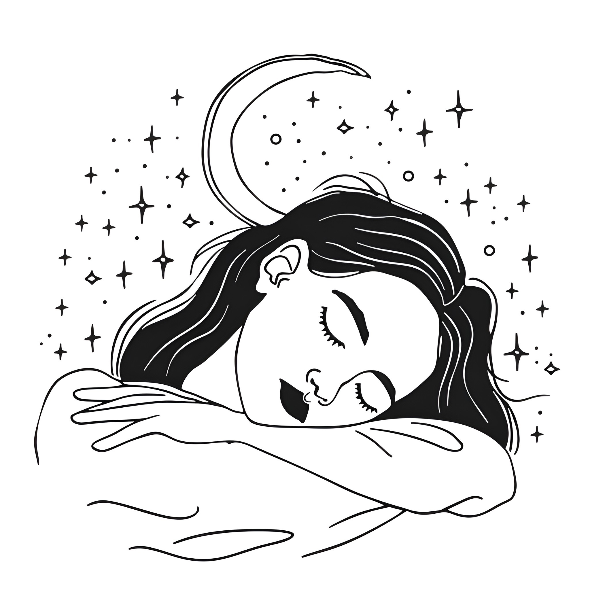 Dream of Celestial Slumber Drawing Idea (free black-and-white line drawing printable PDF for all, from beginners to advanced learners, including children, teens, adults, and seniors)