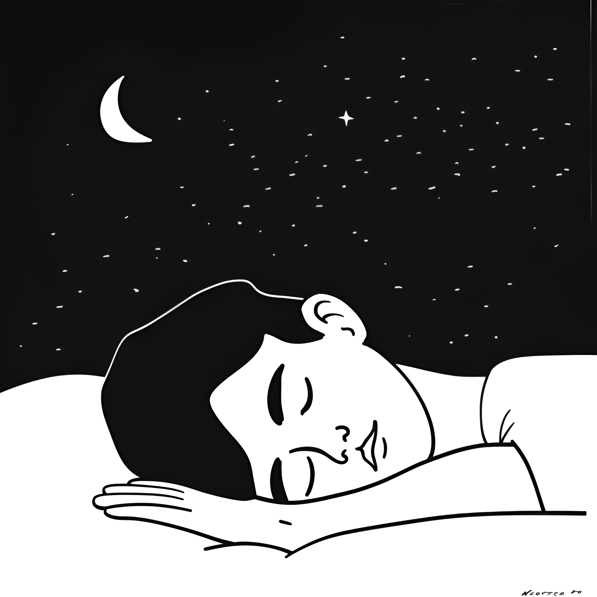 Dream of starry night gazing Drawing Idea (free black-and-white line drawing printable PDF for all, from beginners to advanced learners, including children, teens, adults, and seniors)