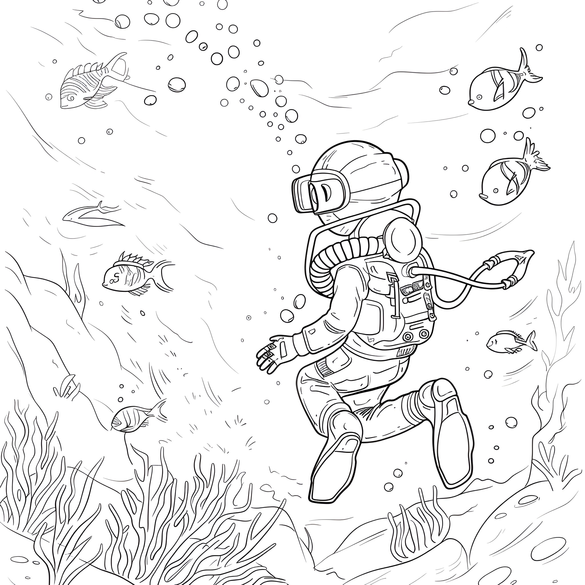 Dream of an underwater adventure Drawing Idea (free black-and-white line drawing printable PDF for all, from beginners to advanced learners, including children, teens, adults, and seniors)
