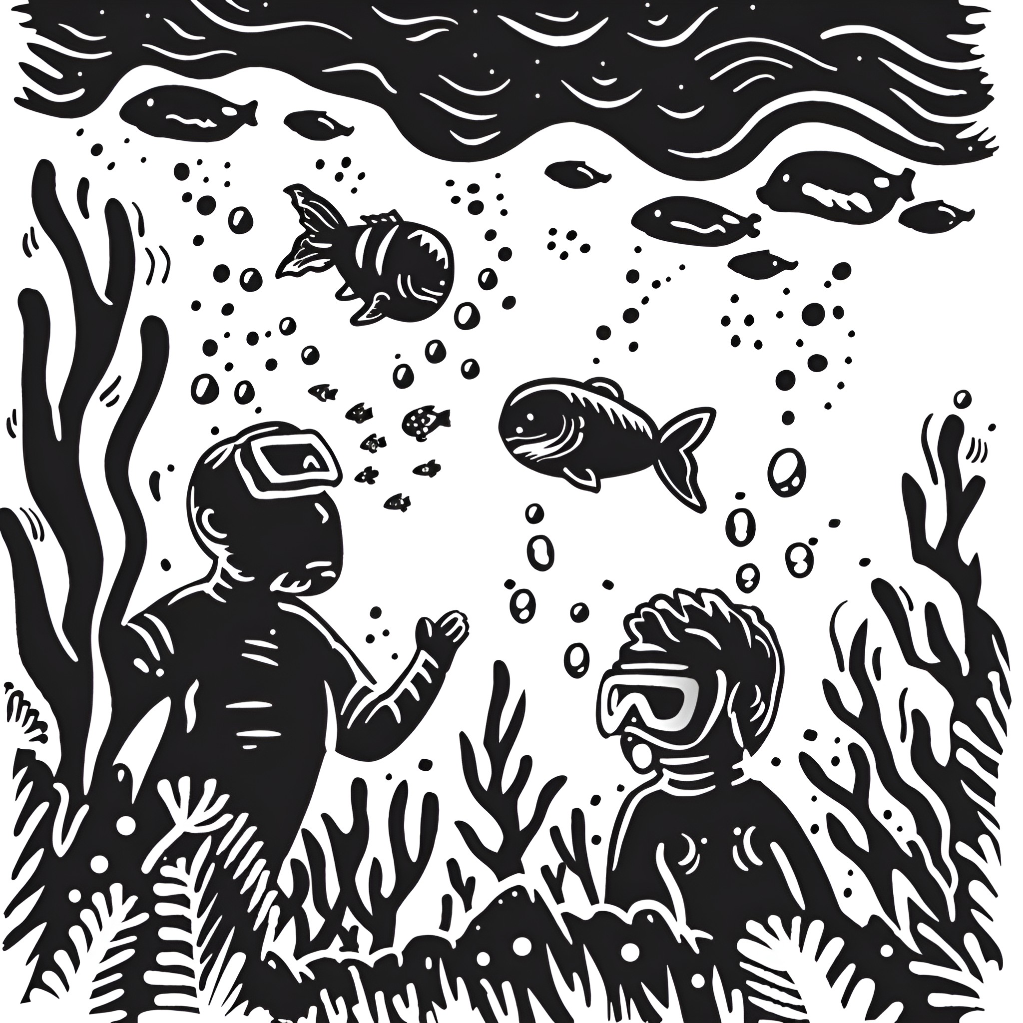 Dream of underwater adventure Drawing Idea (free black-and-white line drawing printable PDF for all, from beginners to advanced learners, including children, teens, adults, and seniors)