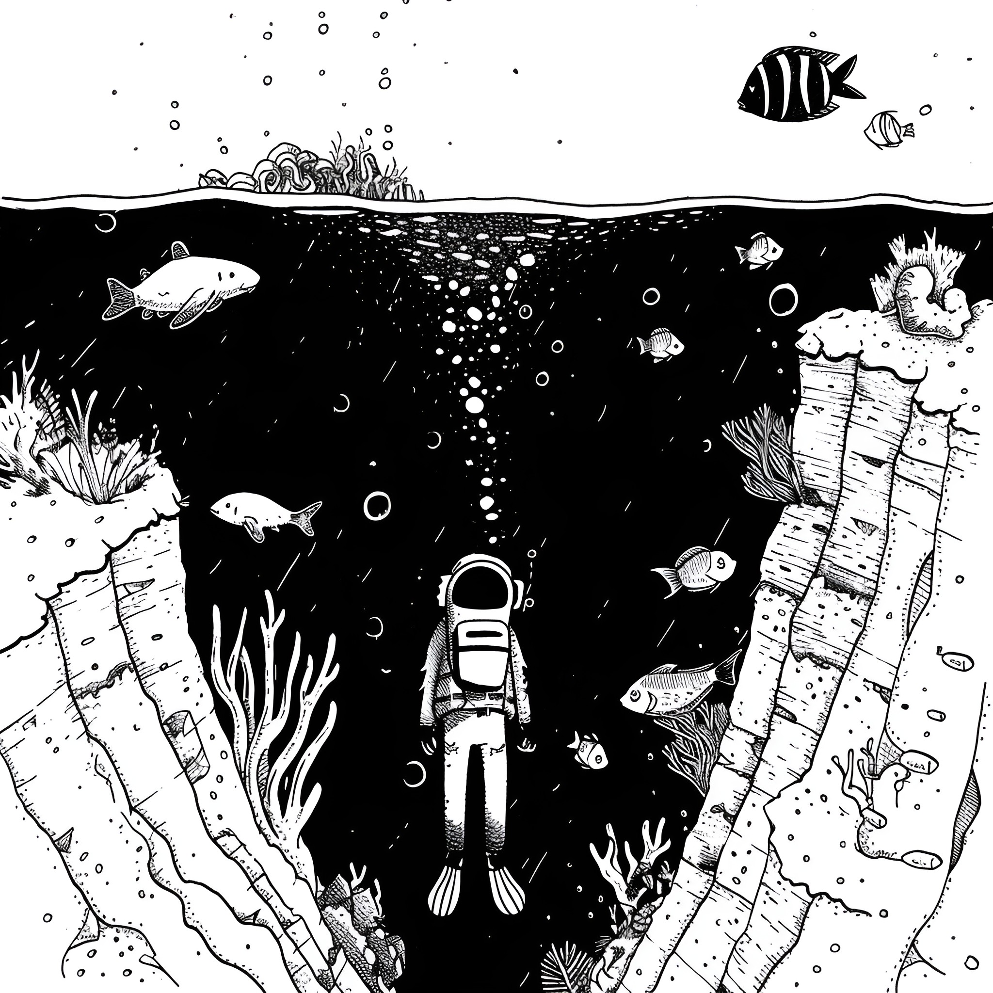 Dream of Underwater Adventure Drawing Idea (free black-and-white line drawing printable PDF for all, from beginners to advanced learners, including children, teens, adults, and seniors)