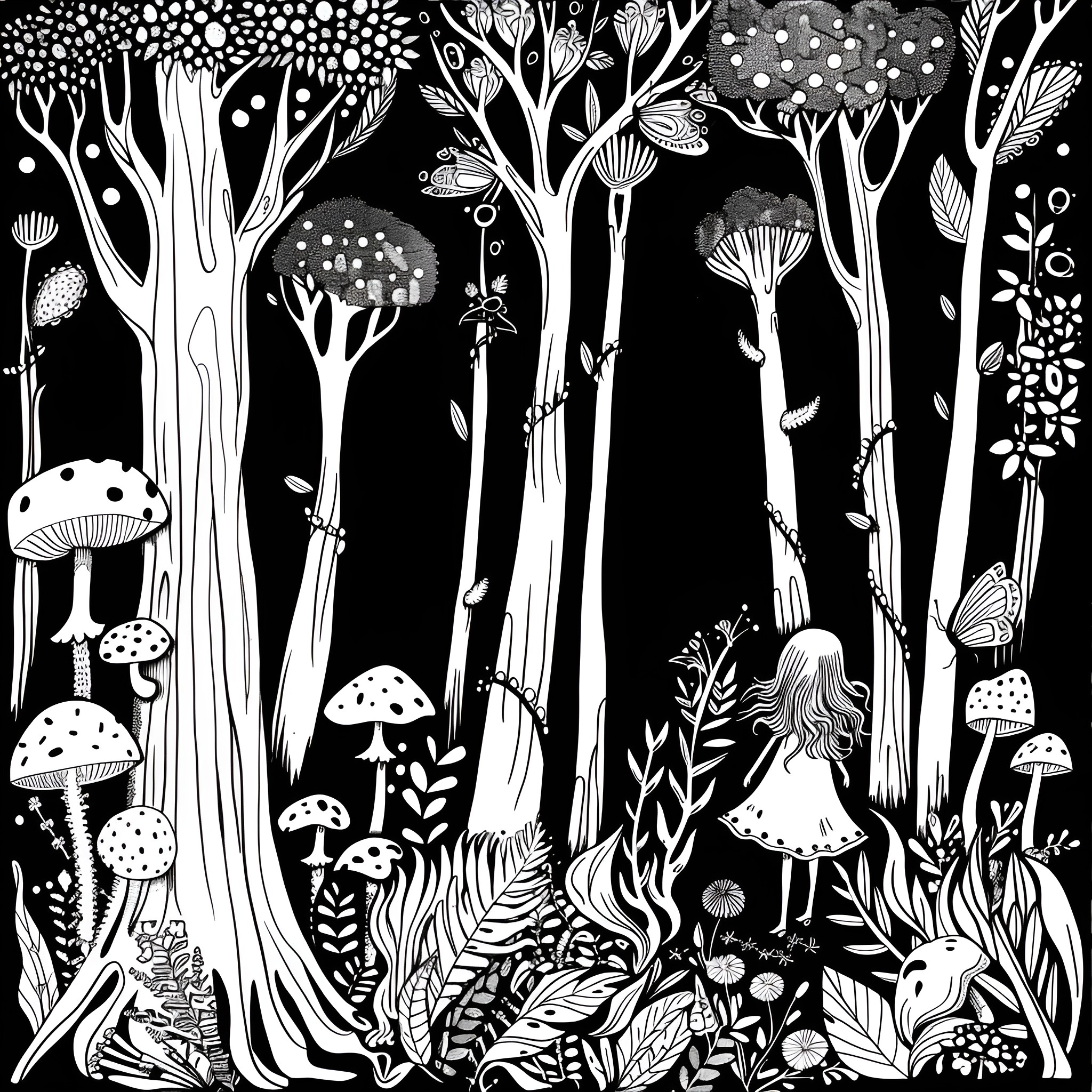 Dream Fantastical Forest Adventure Drawing Idea (free black-and-white line drawing printable PDF for all, from beginners to advanced learners, including children, teens, adults, and seniors)
