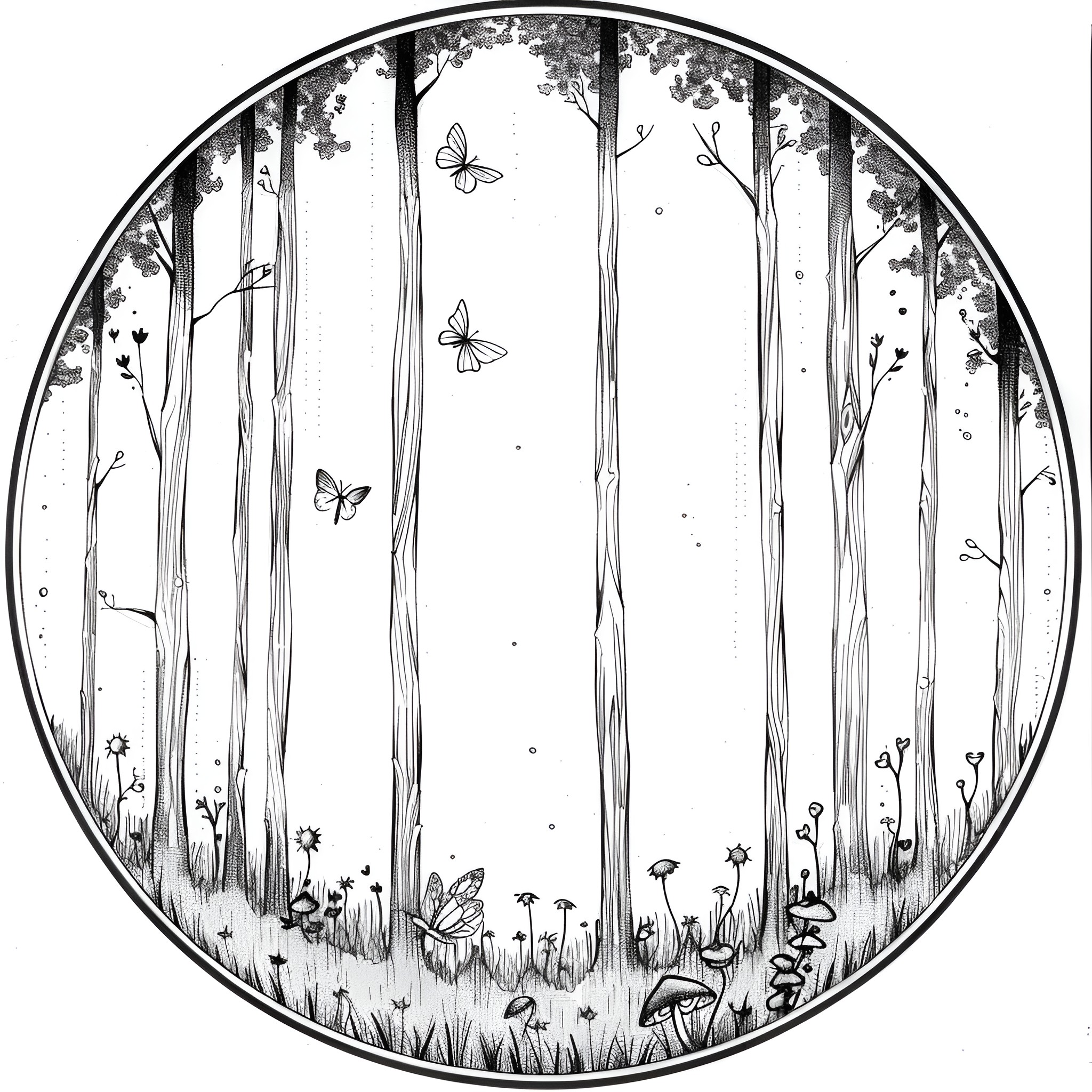 Dream of a Whimsical Forest Drawing Idea (free black-and-white line drawing printable PDF for all, from beginners to advanced learners, including children, teens, adults, and seniors)