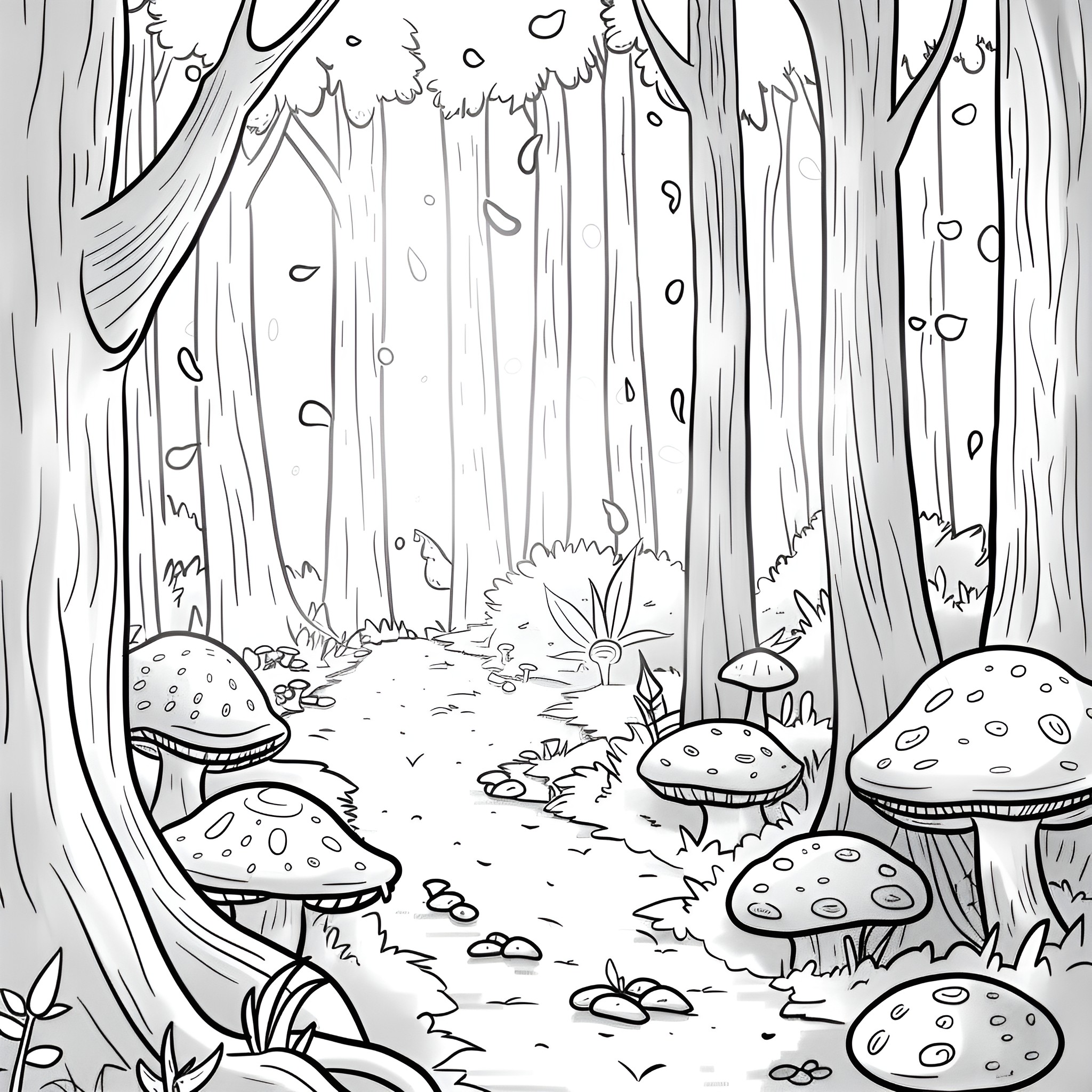 Dream forest with magical mushrooms Drawing Idea (free black-and-white line drawing printable PDF for all, from beginners to advanced learners, including children, teens, adults, and seniors)
