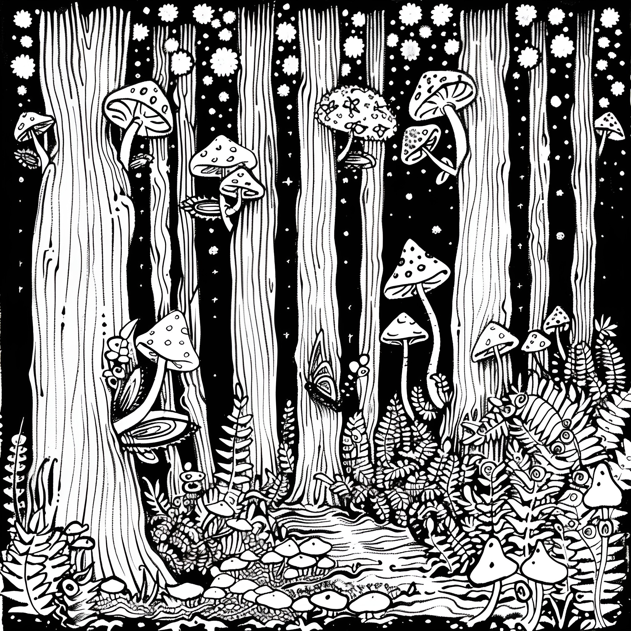 Dream of Enchanted Mushrooms in Woodland Drawing Idea (free black-and-white line drawing printable PDF for all, from beginners to advanced learners, including children, teens, adults, and seniors)