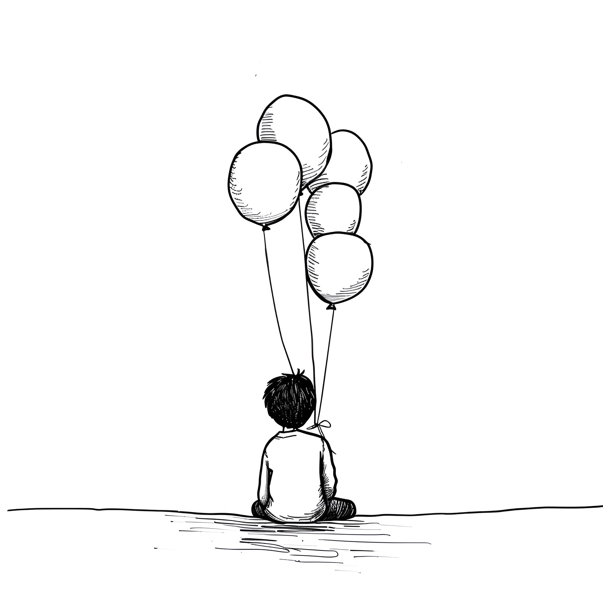Dream of Floating Balloons Drawing Idea (free black-and-white line drawing printable PDF for all, from beginners to advanced learners, including children, teens, adults, and seniors)