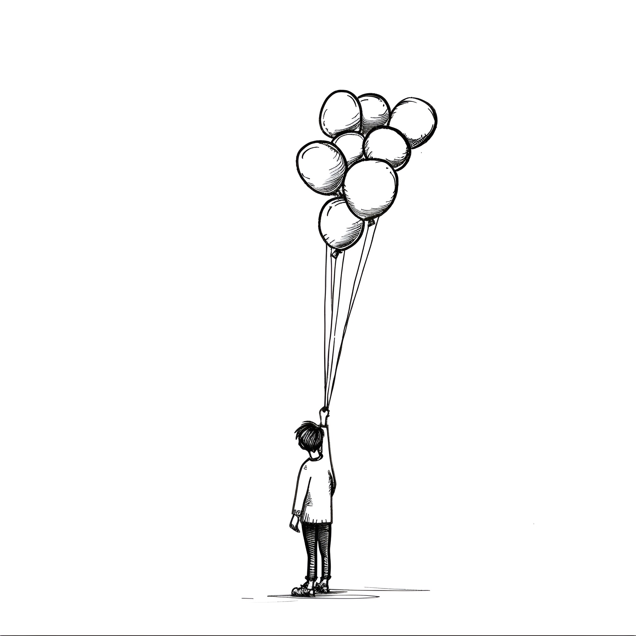 Dream of Floating Balloons Drawing Idea (free black-and-white line drawing printable PDF for all, from beginners to advanced learners, including children, teens, adults, and seniors)