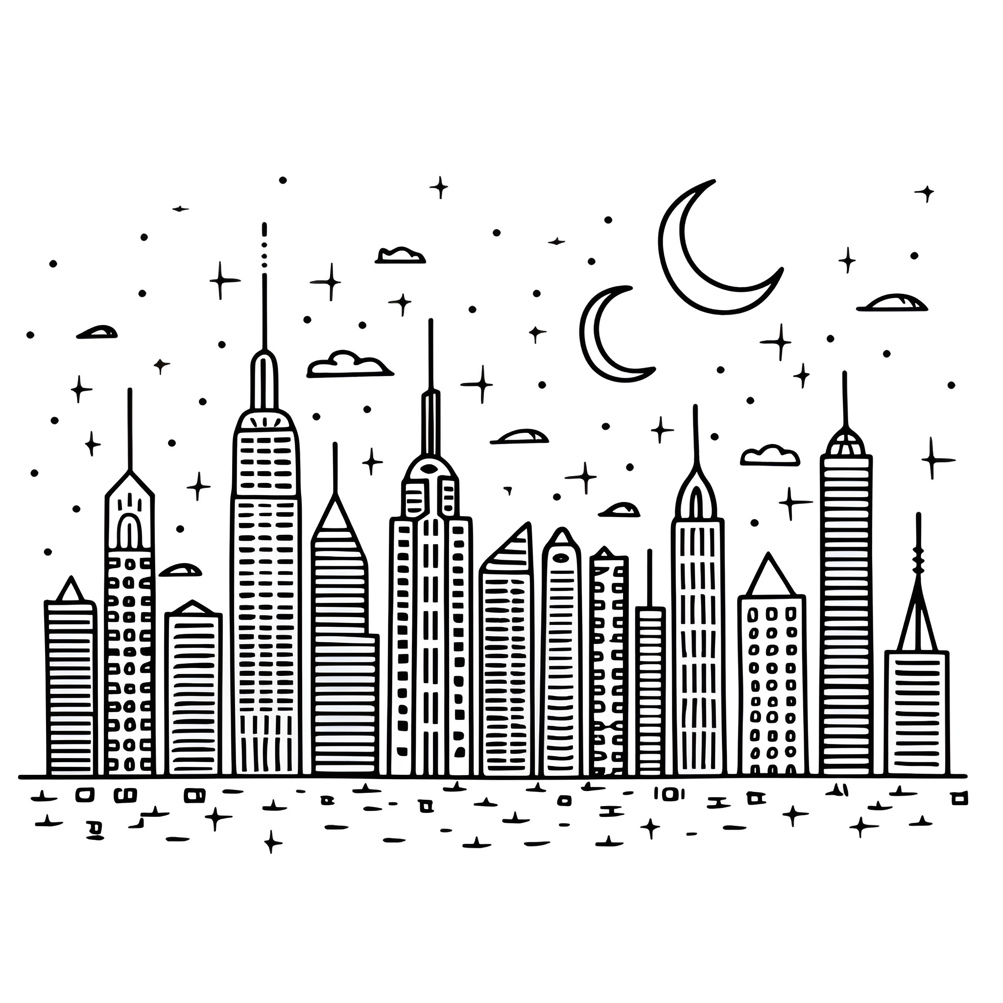 Dream City Skyline at Night Drawing Idea (free black-and-white line drawing printable PDF for all, from beginners to advanced learners, including children, teens, adults, and seniors)