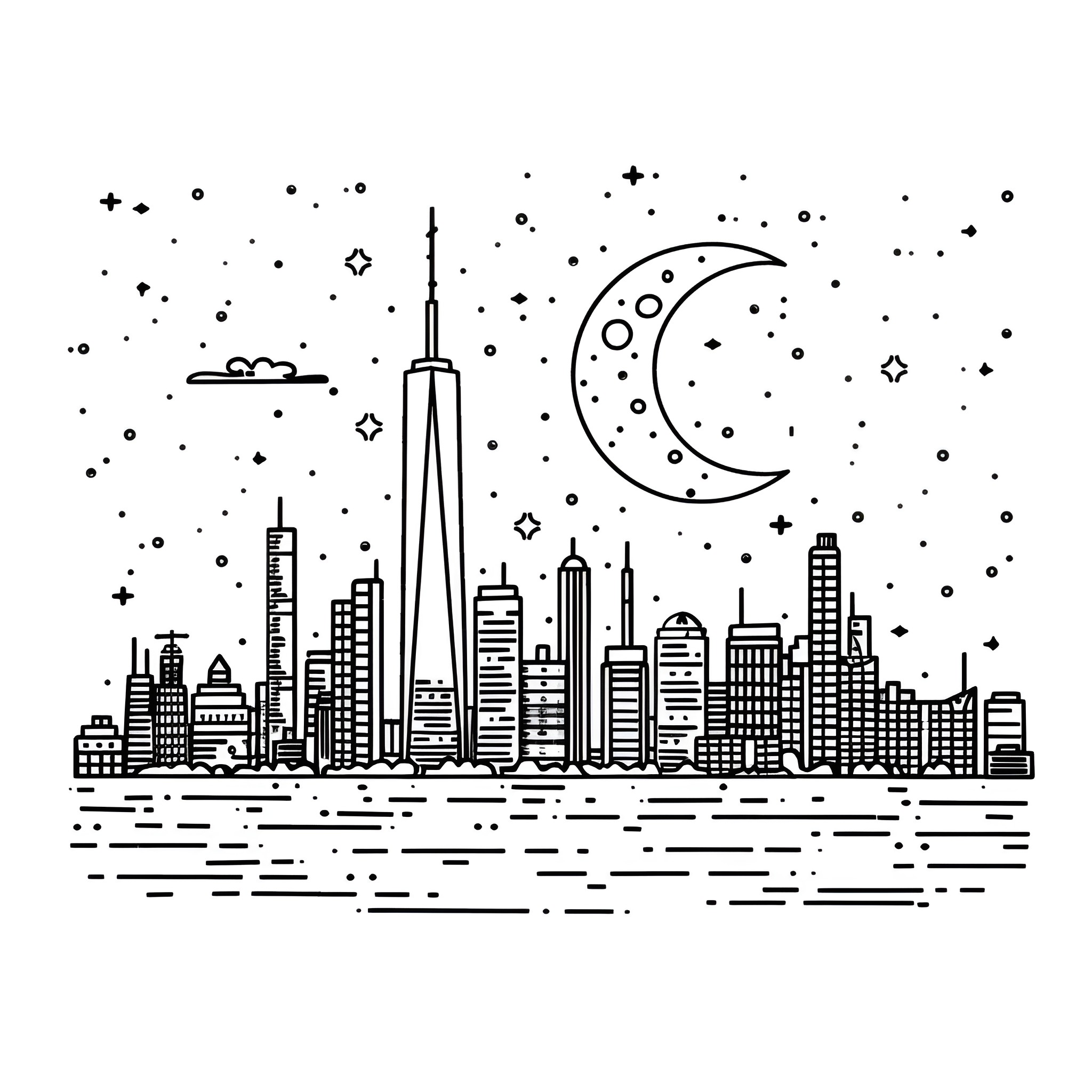 Dream of a Starry City Skyline Drawing Idea (free black-and-white line drawing printable PDF for all, from beginners to advanced learners, including children, teens, adults, and seniors)