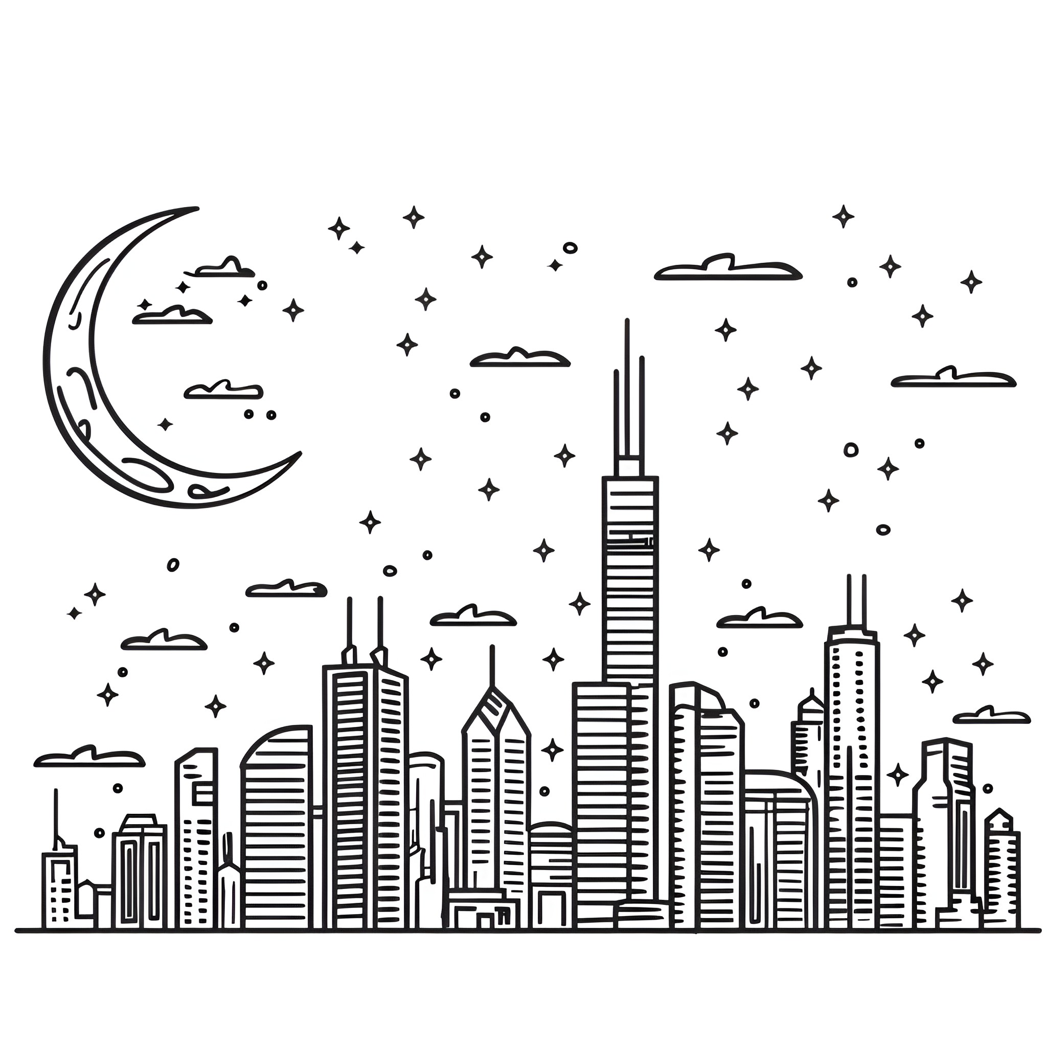 Dream City Under a Starry Sky Drawing Idea (free black-and-white line drawing printable PDF for all, from beginners to advanced learners, including children, teens, adults, and seniors)