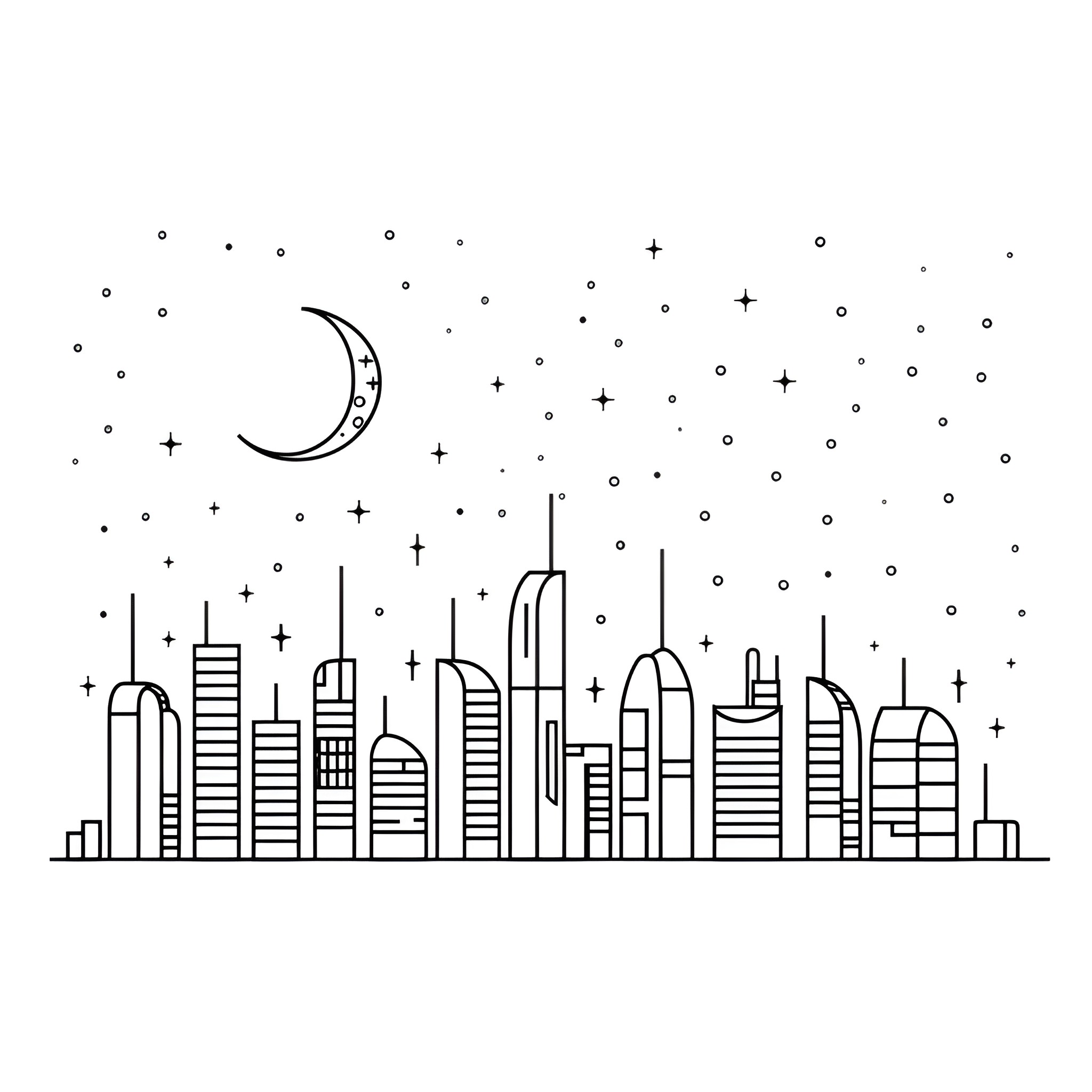 Dream City Under Starry Night Sky Drawing Idea (free black-and-white line drawing printable PDF for all, from beginners to advanced learners, including children, teens, adults, and seniors)