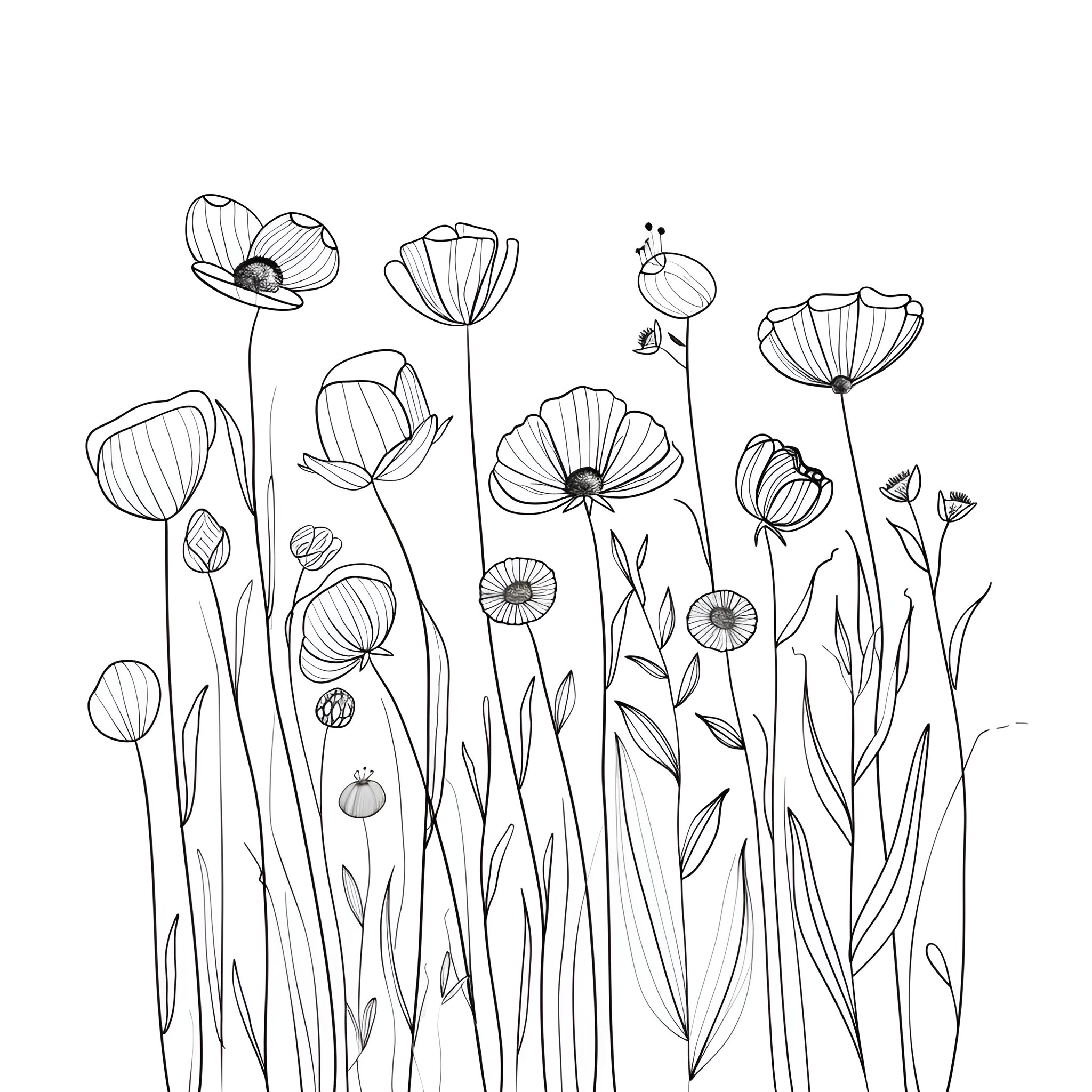 Dream of Whimsical Floral Garden Drawing Idea (free black-and-white line drawing printable PDF for all, from beginners to advanced learners, including children, teens, adults, and seniors)