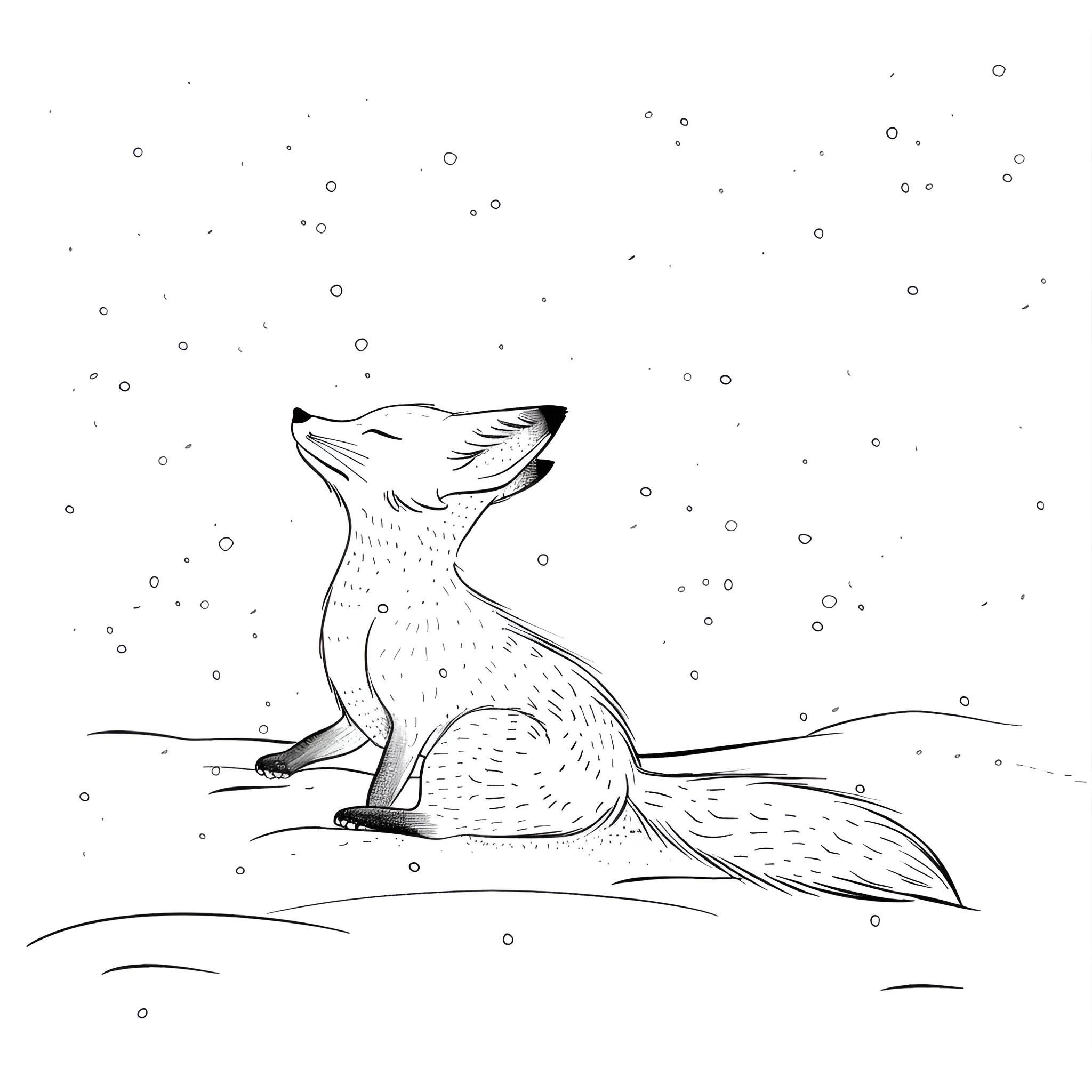 Dream of a Solitary Fox in the Snow Drawing Idea (free black-and-white line drawing printable PDF for all, from beginners to advanced learners, including children, teens, adults, and seniors)