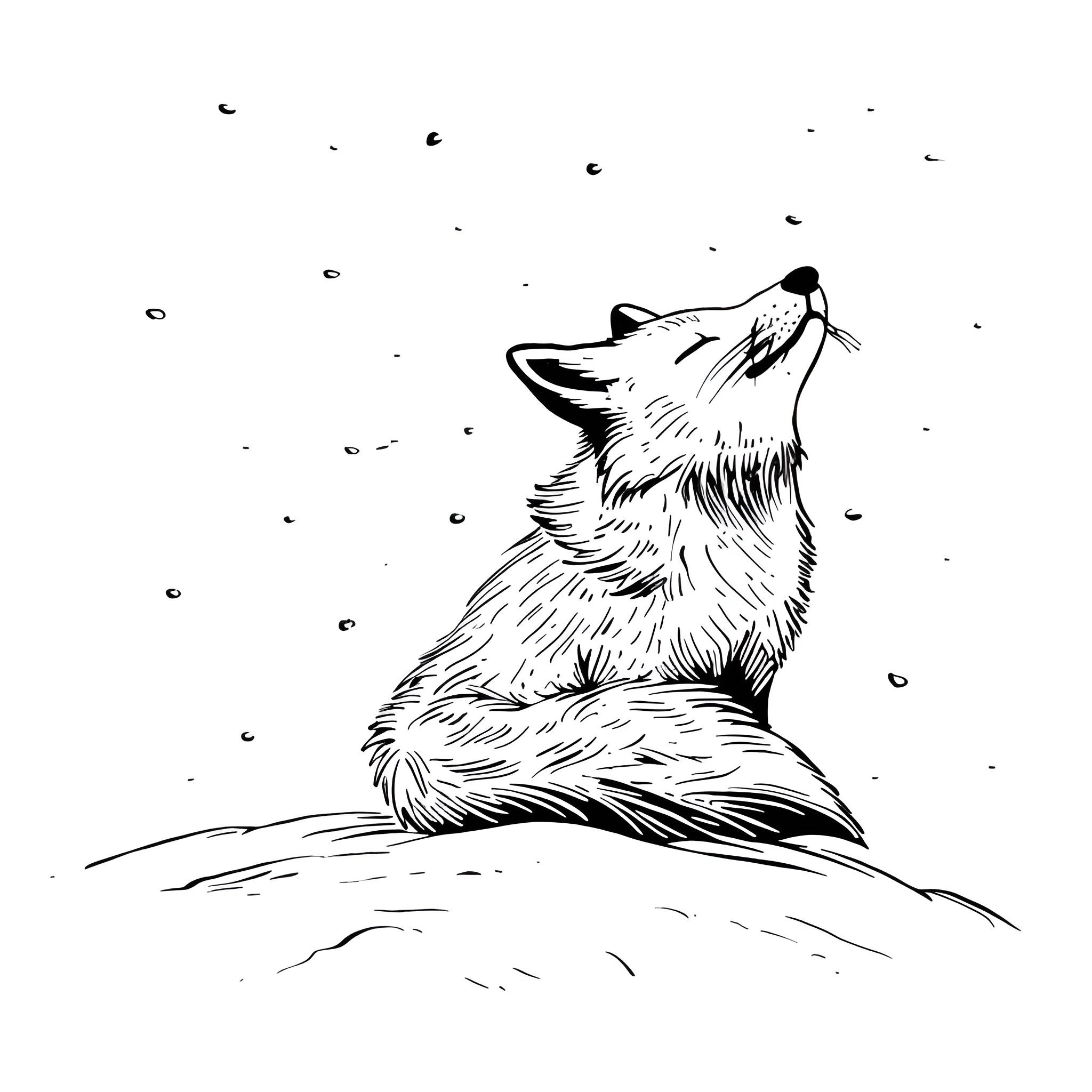 Dream of a Howling Wolf in the Snow Drawing Idea (free black-and-white line drawing printable PDF for all, from beginners to advanced learners, including children, teens, adults, and seniors)