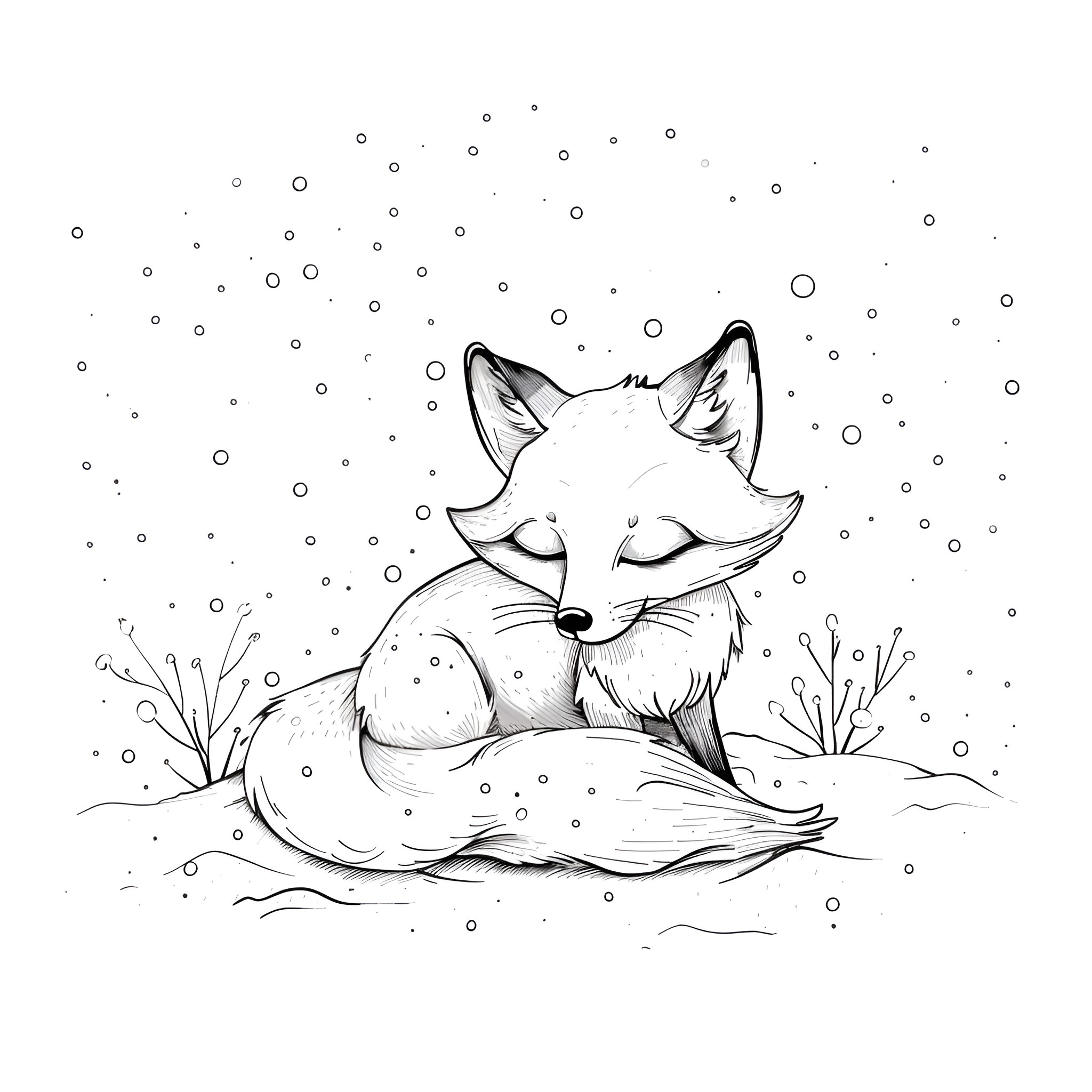 Dream of a Cozy Winter Fox Drawing Idea (free black-and-white line drawing printable PDF for all, from beginners to advanced learners, including children, teens, adults, and seniors)