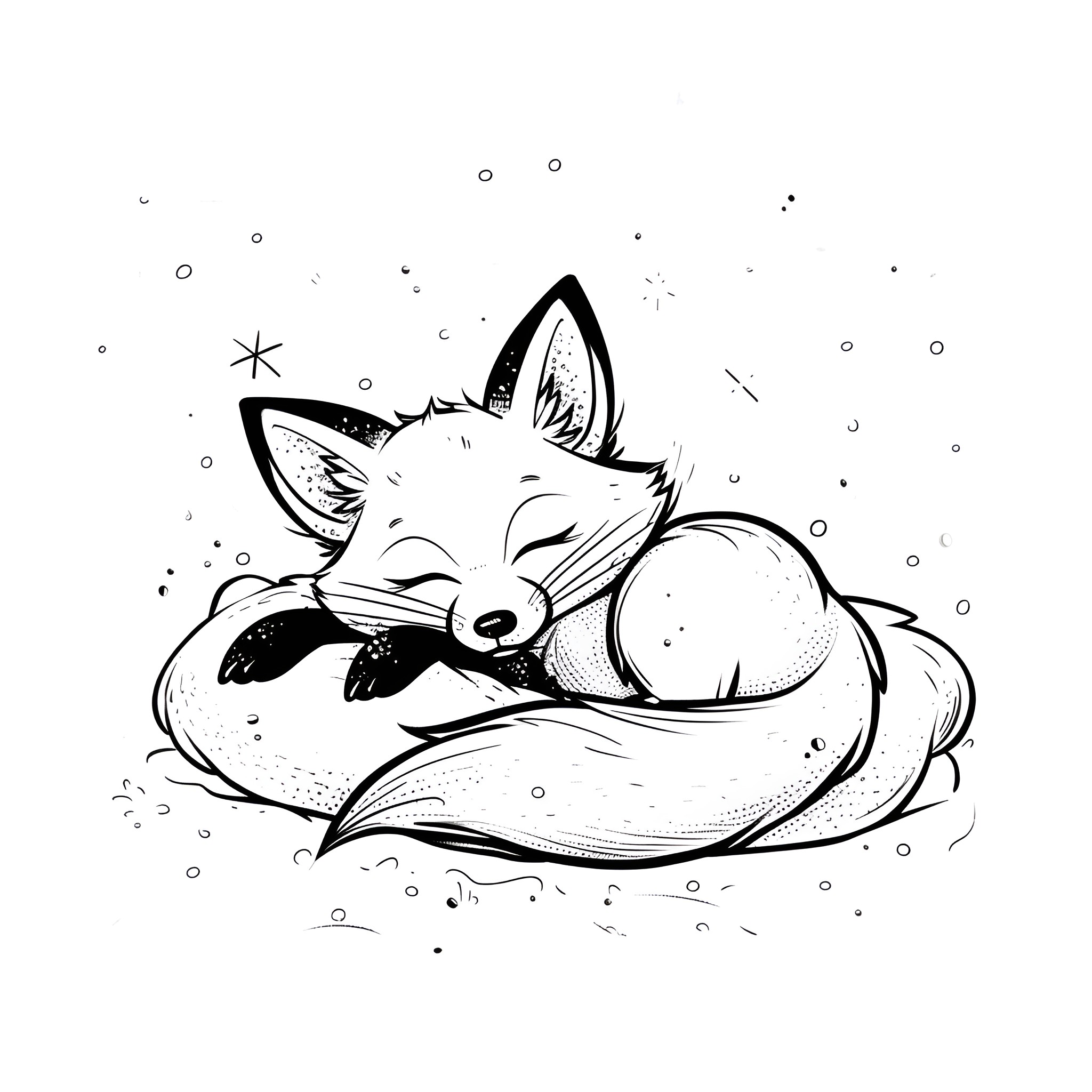Dream of a Sleeping Fox Drawing Idea (free black-and-white line drawing printable PDF for all, from beginners to advanced learners, including children, teens, adults, and seniors)