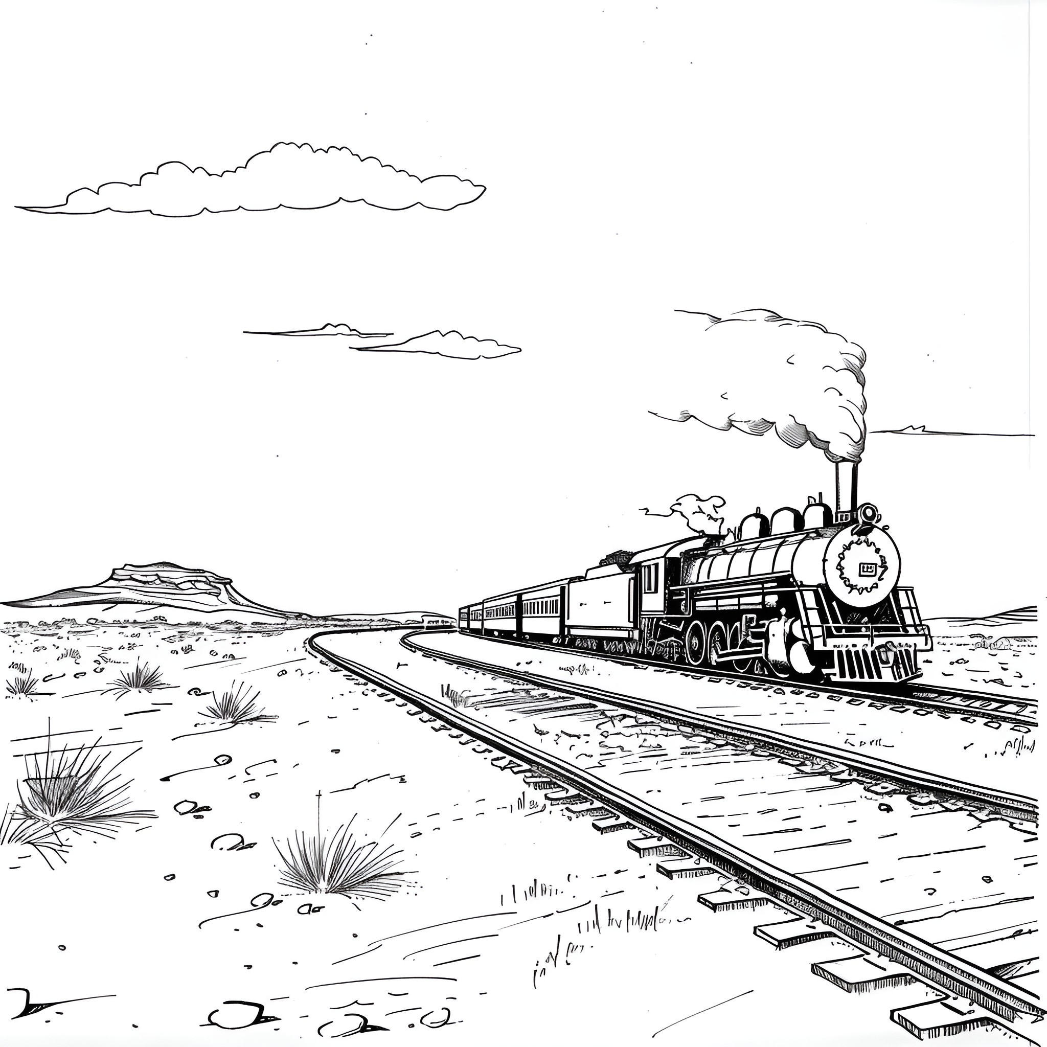 Dream of a train journey through the desert Drawing Idea (free black-and-white line drawing printable PDF for all, from beginners to advanced learners, including children, teens, adults, and seniors)