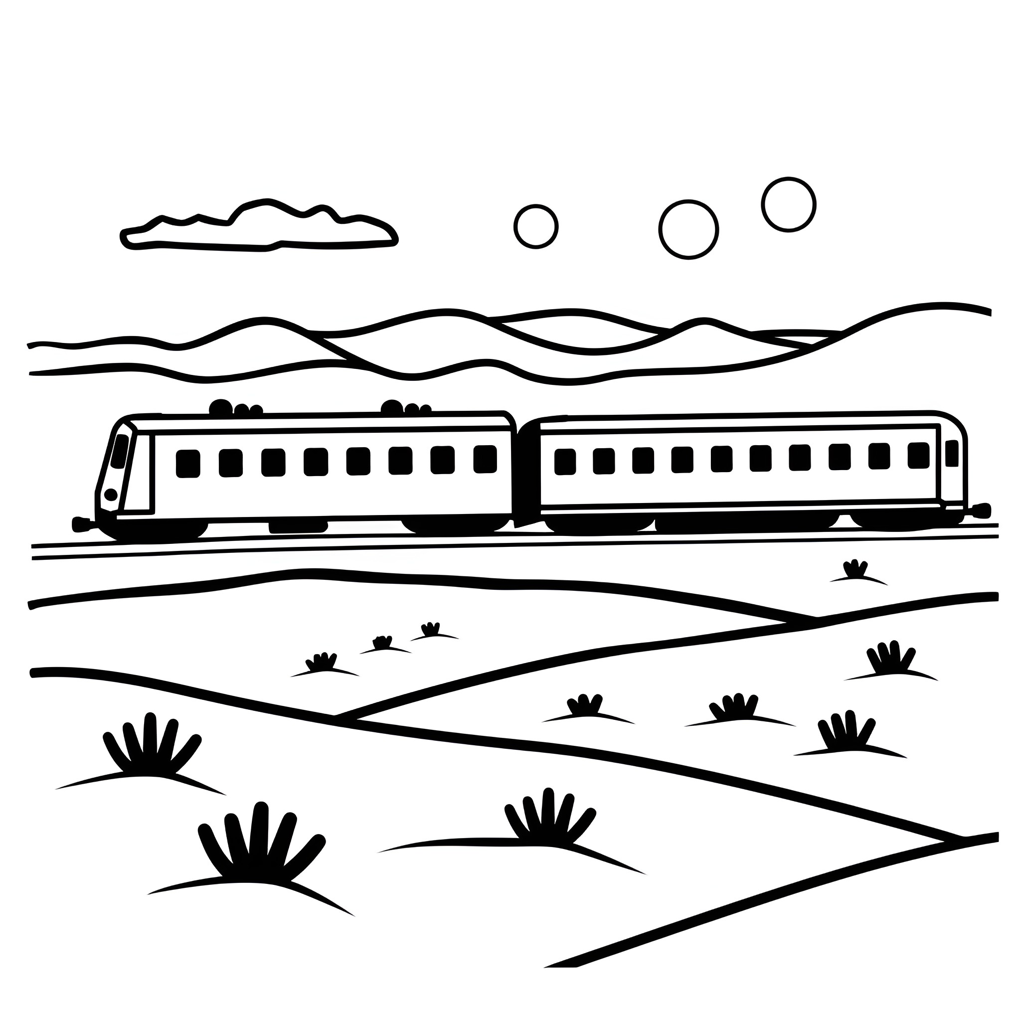 Dream of a Train Journey Through Landscapes Drawing Idea (free black-and-white line drawing printable PDF for all, from beginners to advanced learners, including children, teens, adults, and seniors)