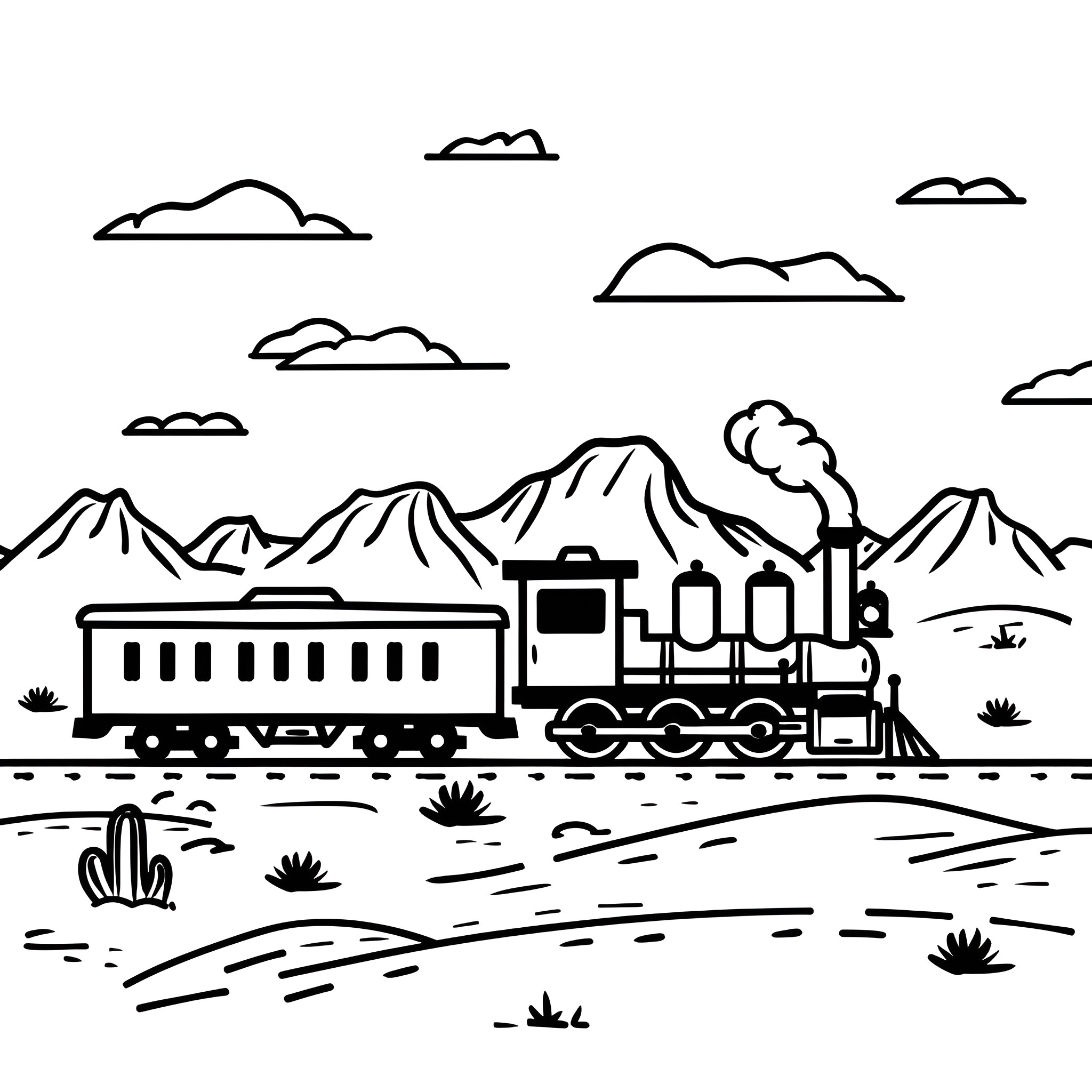 Dream Train Journey Through Mountains Drawing Idea (free black-and-white line drawing printable PDF for all, from beginners to advanced learners, including children, teens, adults, and seniors)