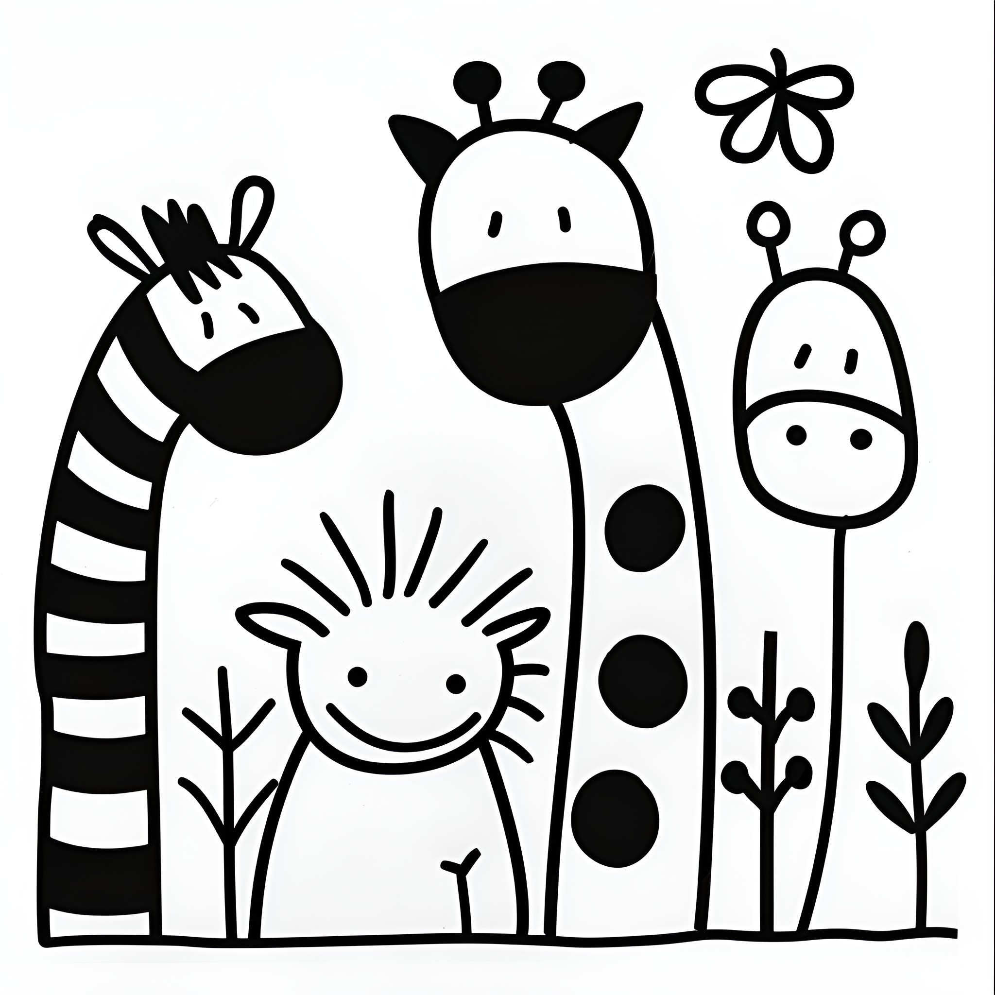 Animals in whimsical cartoon scenes Drawing Idea (free black-and-white line drawing printable PDF for all, from beginners to advanced learners, including children, teens, adults, and seniors)
