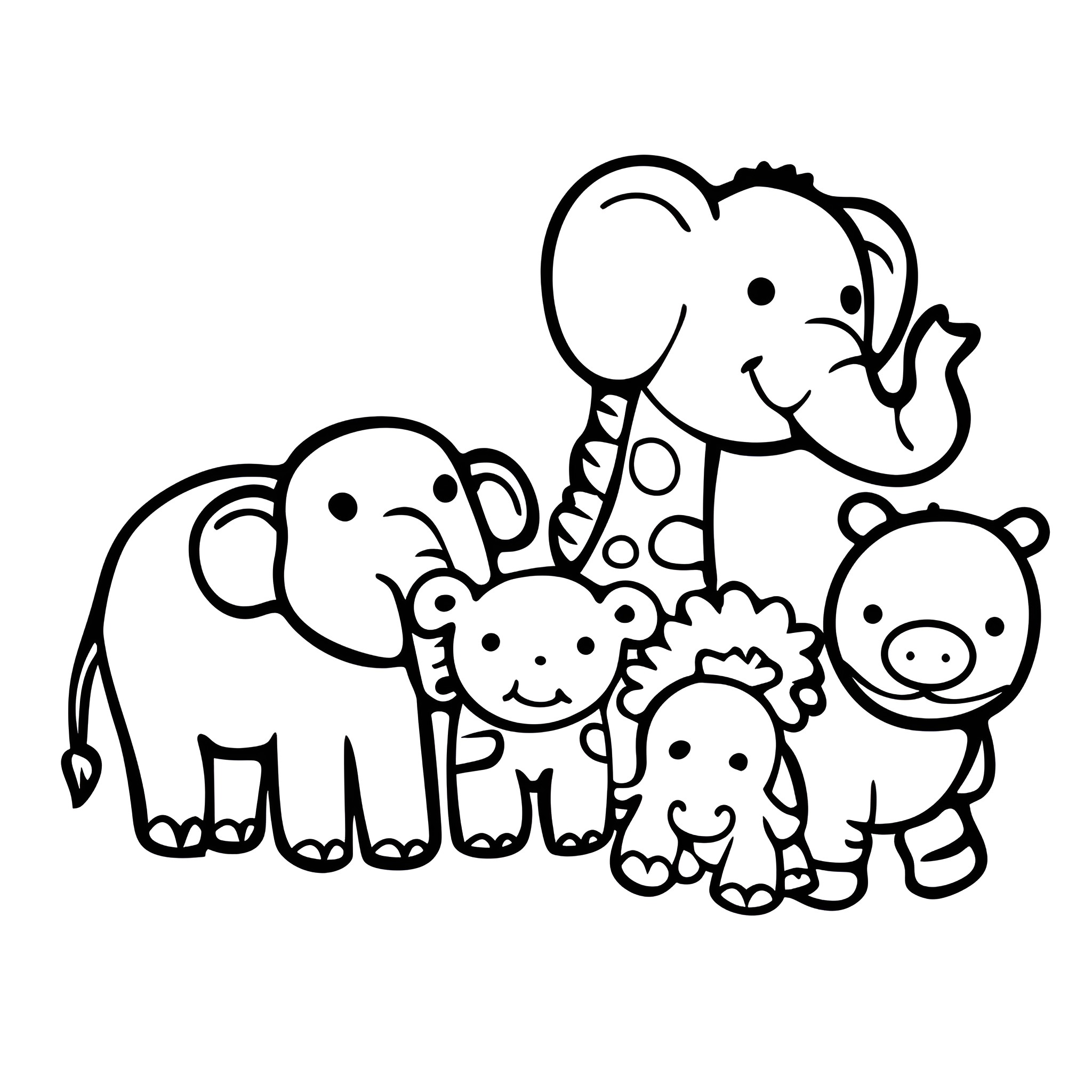 Animals in a whimsical illustration Drawing Idea (free black-and-white line drawing printable PDF for all, from beginners to advanced learners, including children, teens, adults, and seniors)