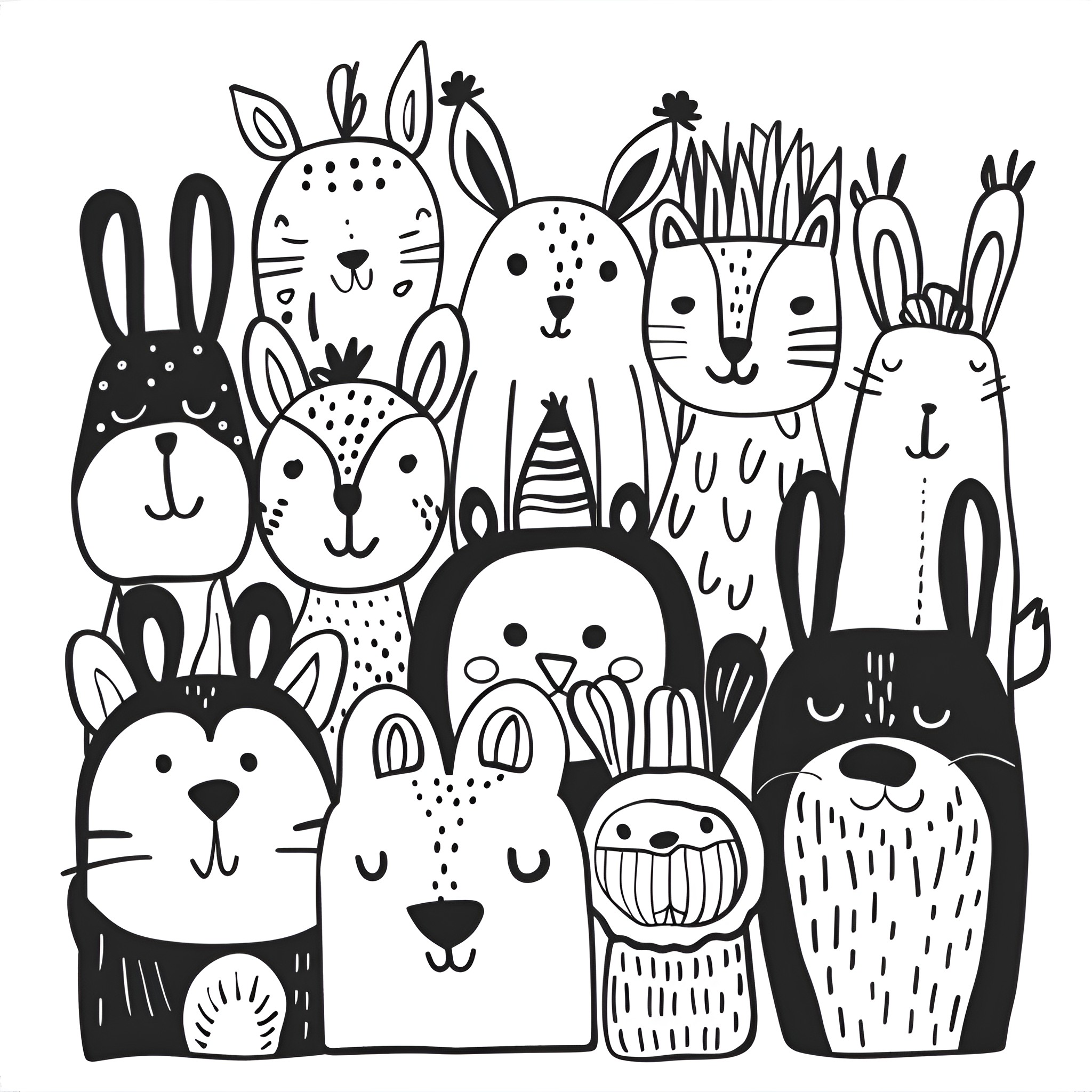Animals in Quirky Poses and Outfits Drawing Idea (free black-and-white line drawing printable PDF for all, from beginners to advanced learners, including children, teens, adults, and seniors)
